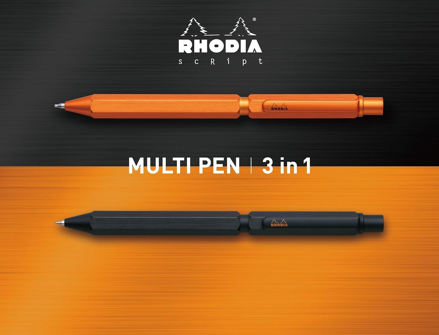 RHODIA 9340C – 3 en 1 scRipt Multipen 2 bolígrafos 0.020 in Negro y Rojo + 1 Portaminas Grafito 0.020 in – Cuerpo hexagonal en aluminio cepillado
