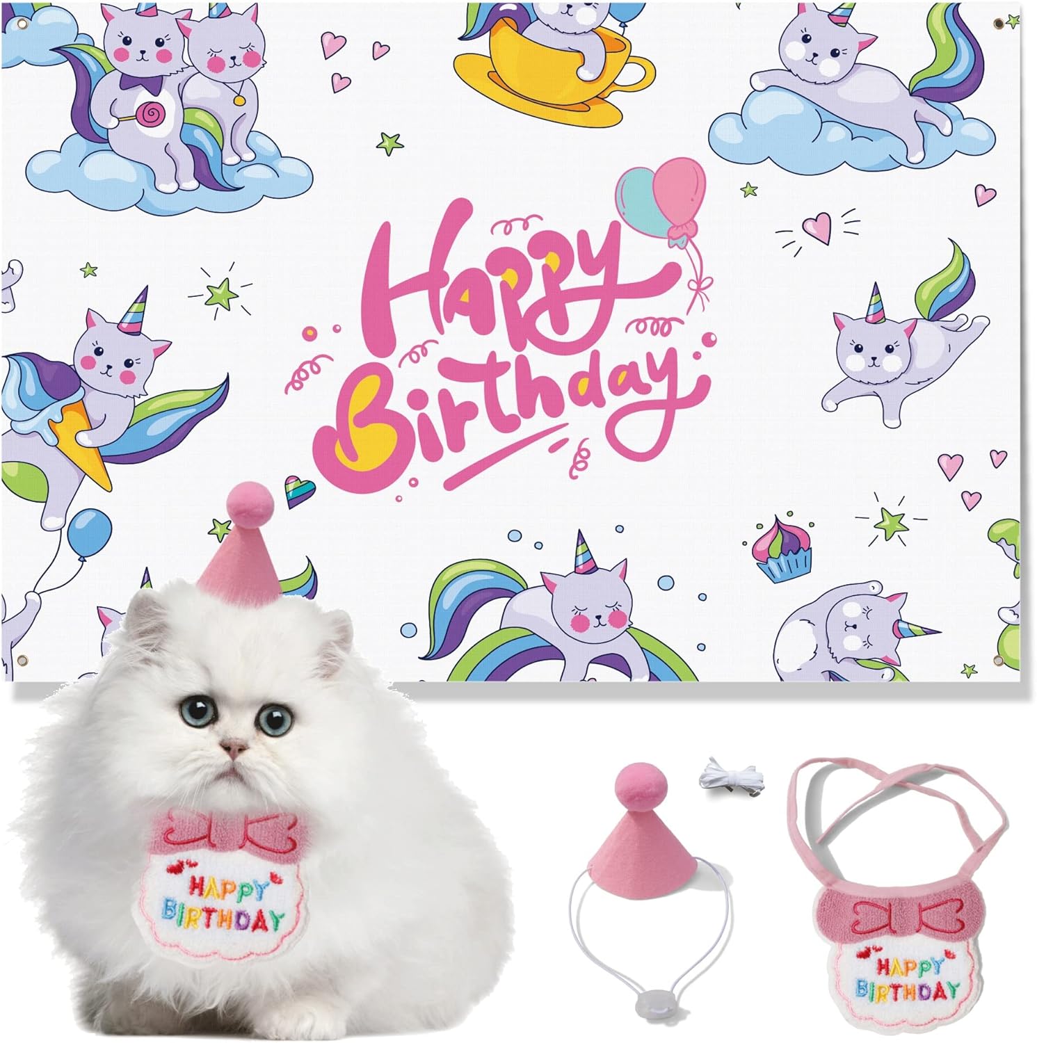 ManRule Suministros para fiesta de cumpleaños de gato, sombrero de gato, bandana de gato, telón de fondo de cumpleaños de gato decoraciones de