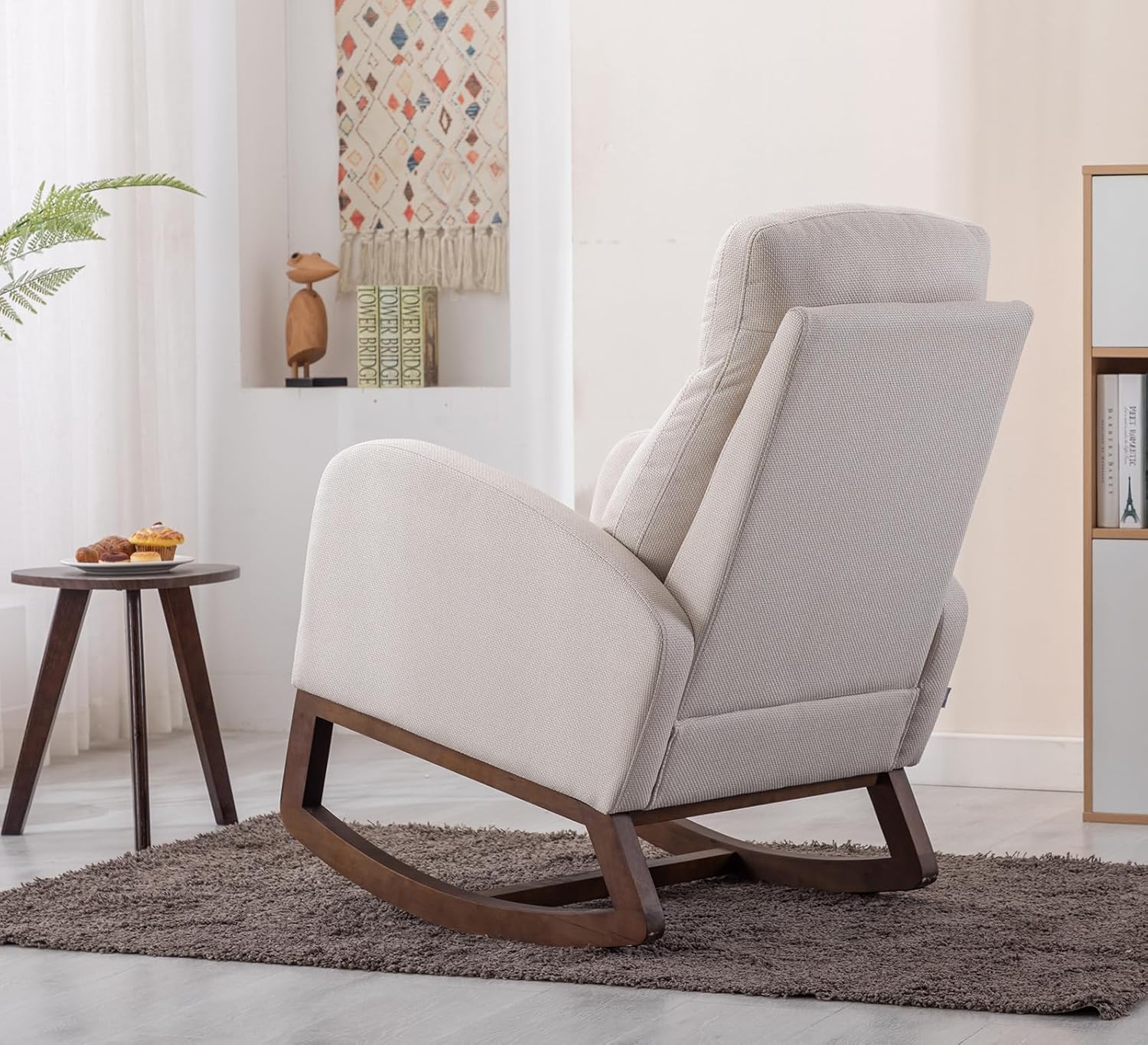 Mecedora moderna para guardería, silla mecedora tapizada con bolsillo lateral, cómoda silla de guardería con respaldo alto, sillón decorativo con