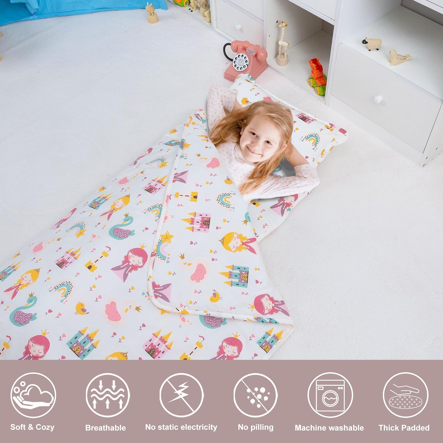 Tapete de siesta para preescolar, 50 x 20 pulgadas (edades 3-5), tela 100% algodón, guardería prek prek prek kindergarten con almohada y manta,