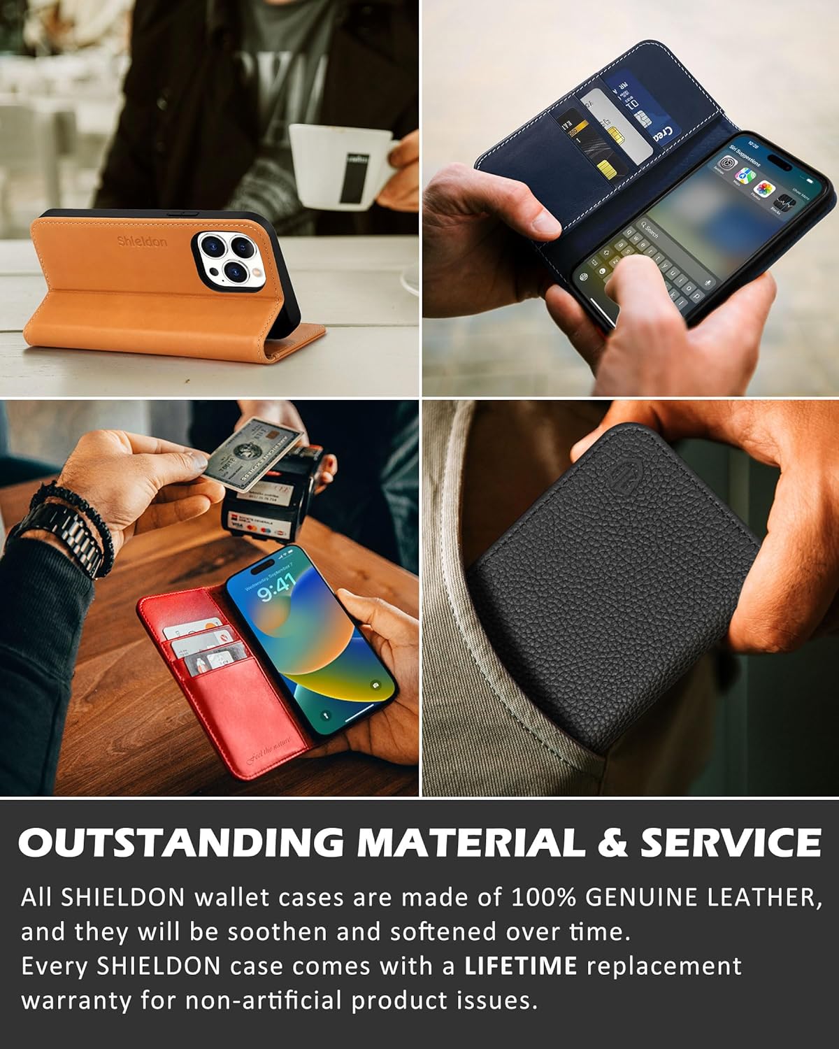 SHIELDON Funda para iPhone 13 Pro 5G 2021, funda de piel auténtica, soporte para tarjetas, bloqueo RFID, funda magnética a prueba de golpes,