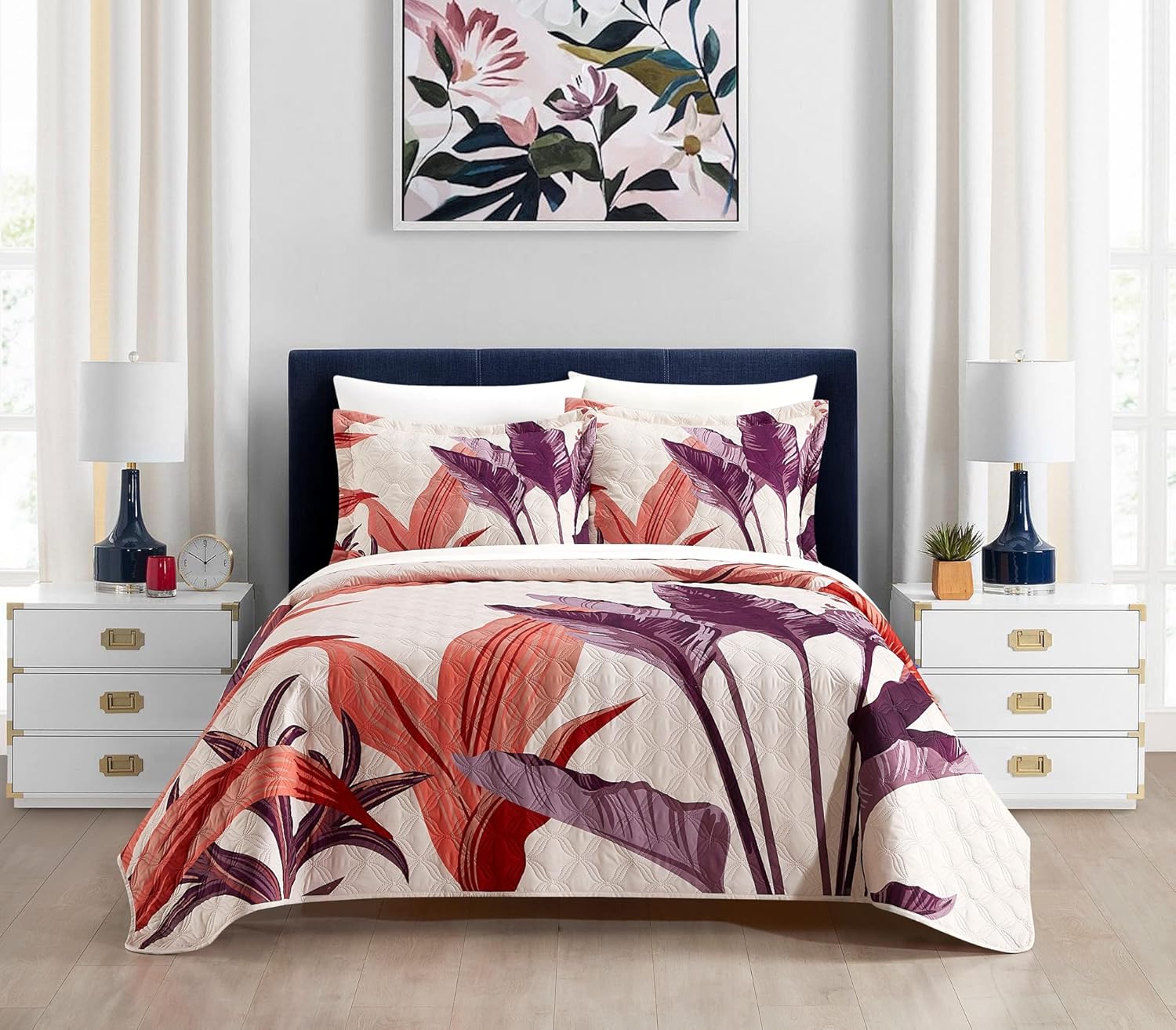 New York & Company Trident – Juego de edredón de 3 piezas, ropa de cama contemporánea con diseño floral a gran escala, fundas de almohada incluidas,