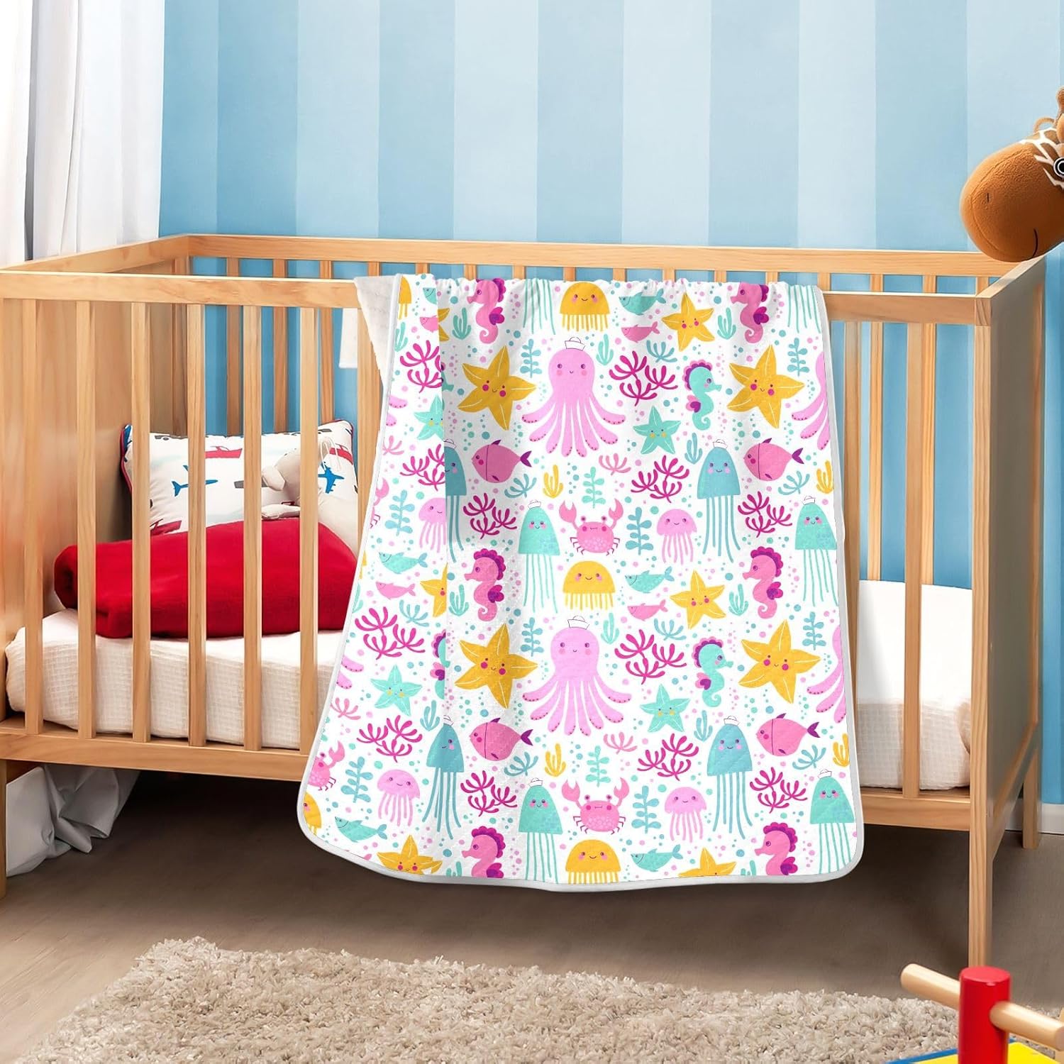Manta de muselina para bebés de animales oceánicos coloridos, pulpo, manta de muselina de algodón suave transpirable para guardería, unisex, niños y
