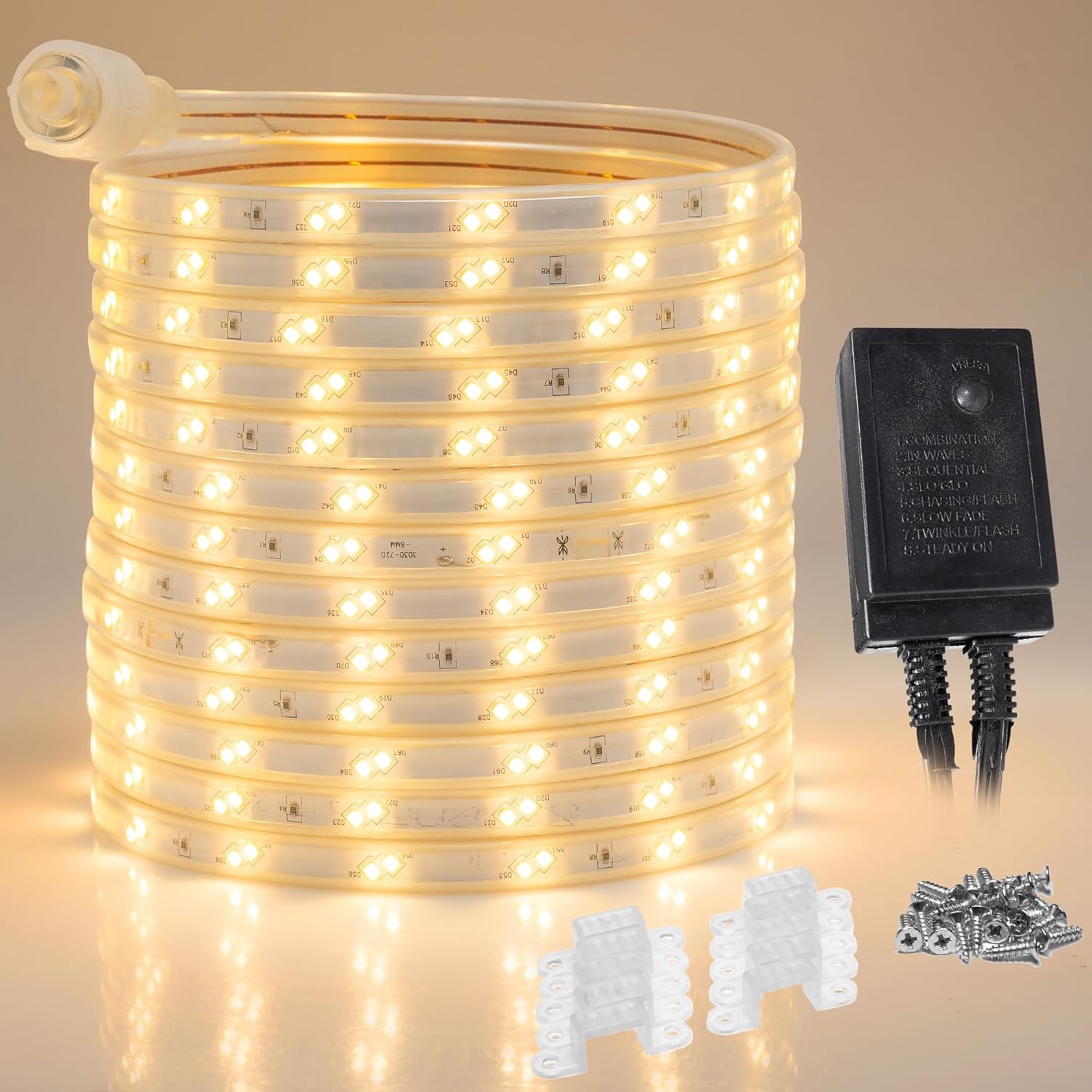 WYZworks Tira de luz LED de 16 modos de luz blanca cálida de 25 pies, SMD 2835, impermeable, conectable, permanente, para exteriores, certificado