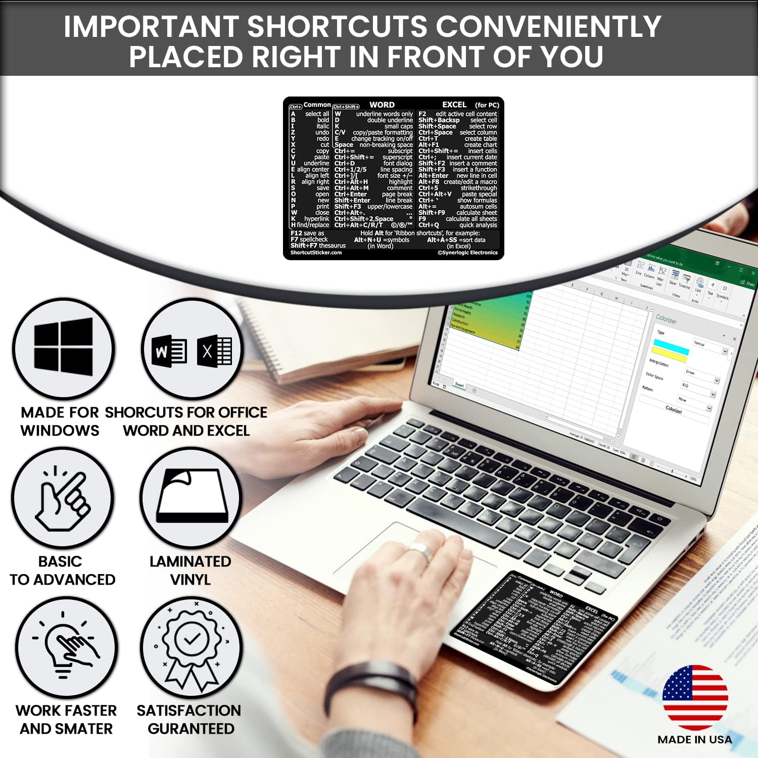 Synerlogic WordExcel – Adhesivo de acceso directo para Windows, guía de referencia, adhesivo de acceso directo de teclado  Esenciales para trabajar