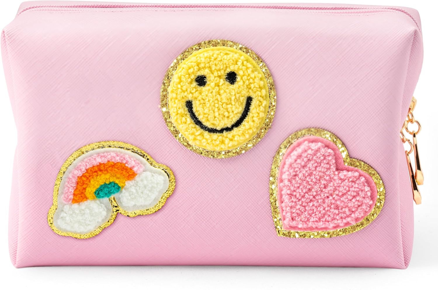 LieToi Preppy Patch – Neceser pequeño de piel sintética con diseño de corazón y rayo y arcoíris, portátil, impermeable, bolsa de maquillaje para uso
