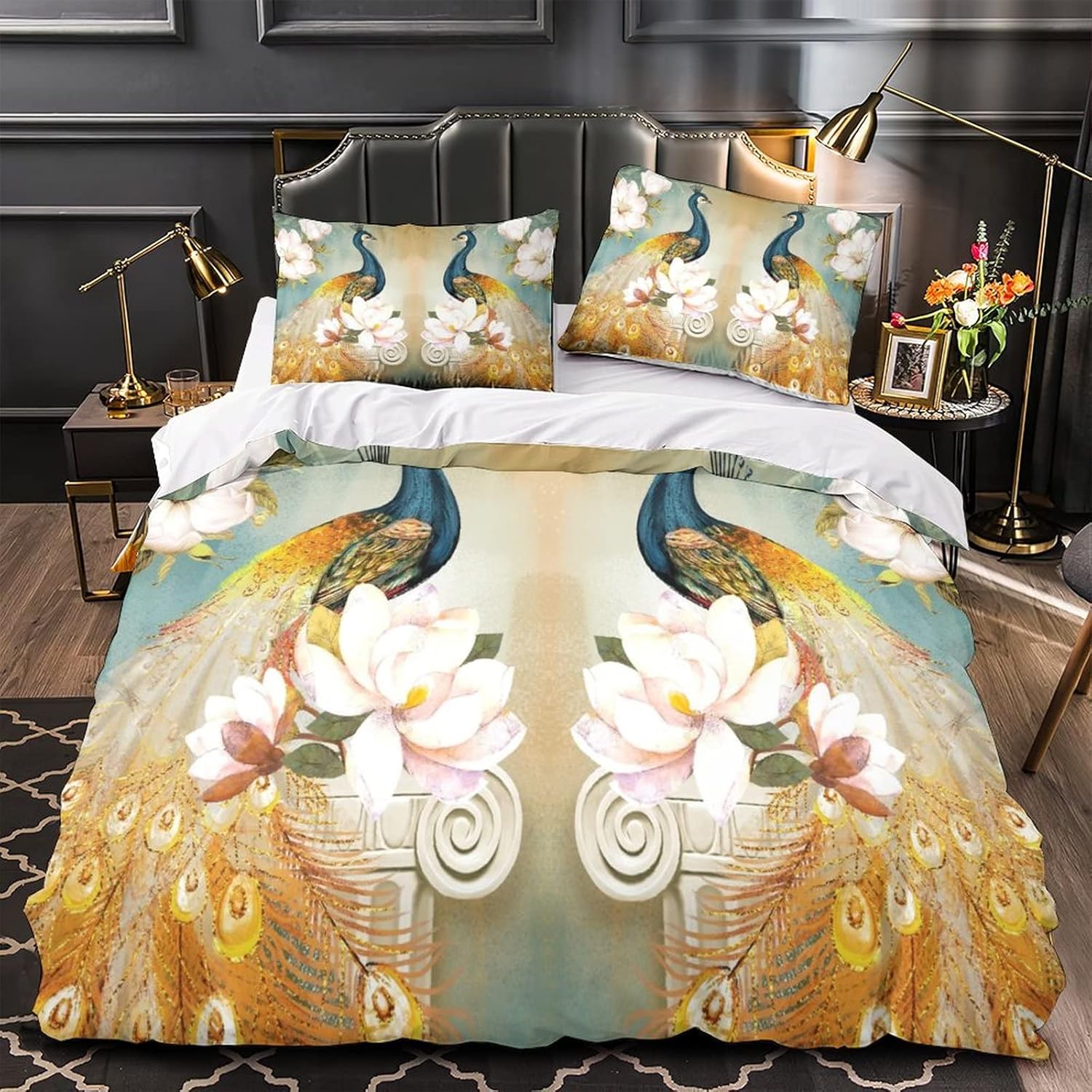 Funda de edredón dorada con estampado de pavo real de jardín, diseño de doble cara, azul pavo real, ropa de cama de tres piezas con cremallera