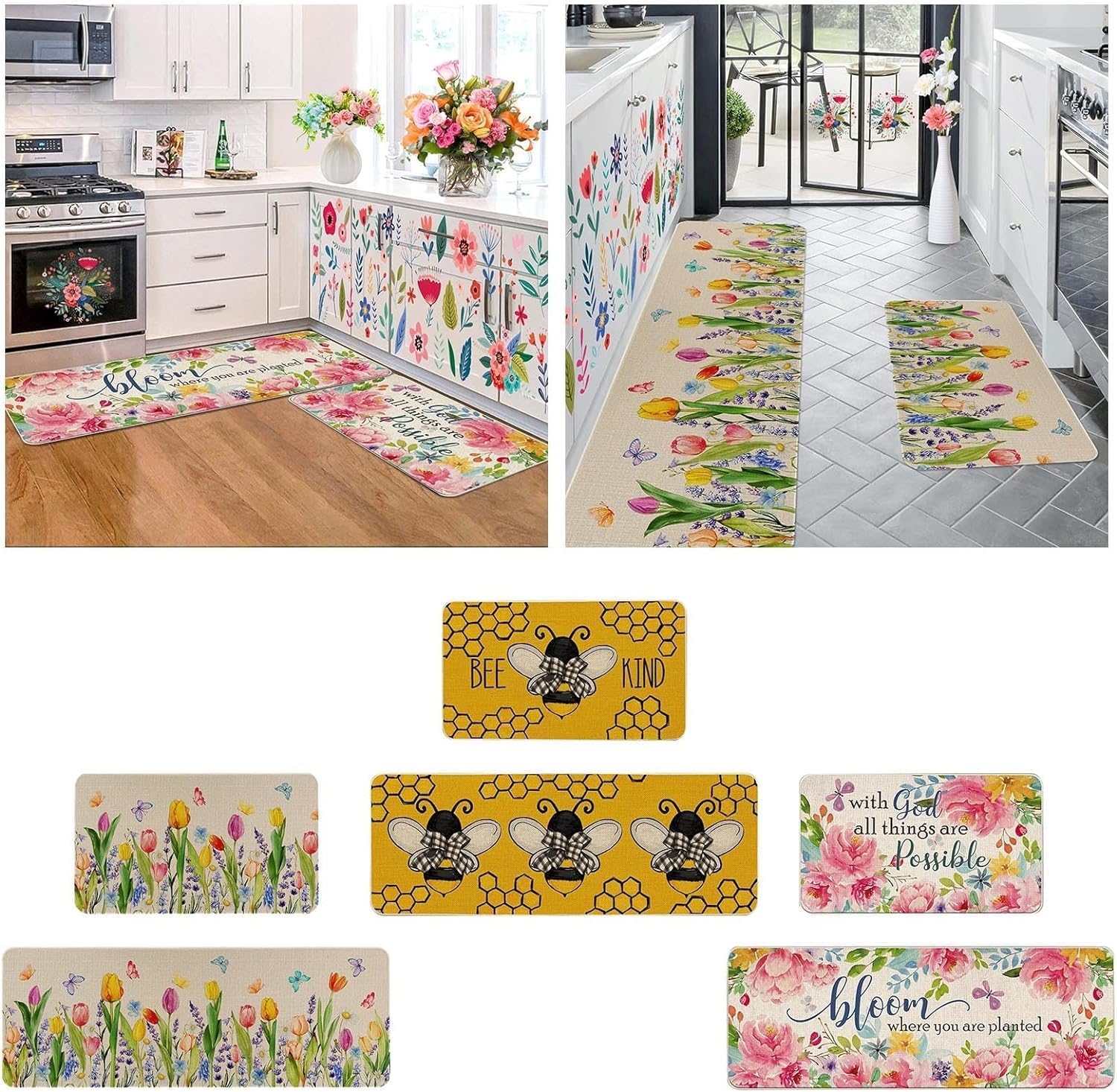 Wtosuhe Juego de 2 tapetes de cocina de primavera, antideslizantes, diseño floral, para primavera, verano, Pascua, decoración de cocina, lavable,