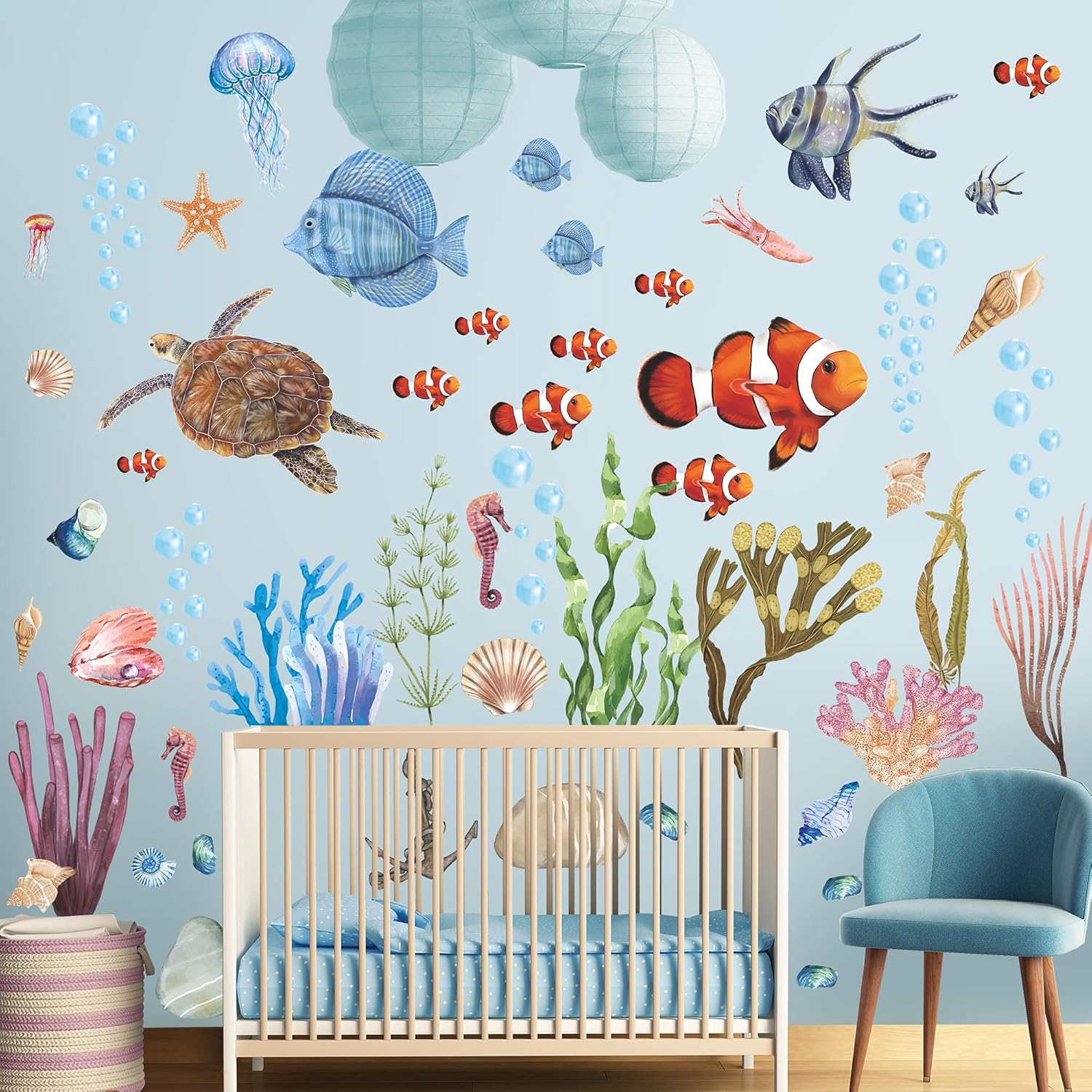 RW-1045 – Calcomanías de pared de animales marinos submarinos 3D, calcomanías de pared de animales marinos submarinos, bricolaje, peces corales,