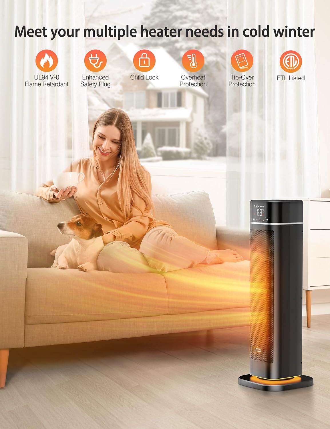 VCK – Calentador de espacio, calentador eléctrico portátil de 24 pulgadas, 12 piess con control remoto, luz nocturna, oscilación de 80, 4 modos,