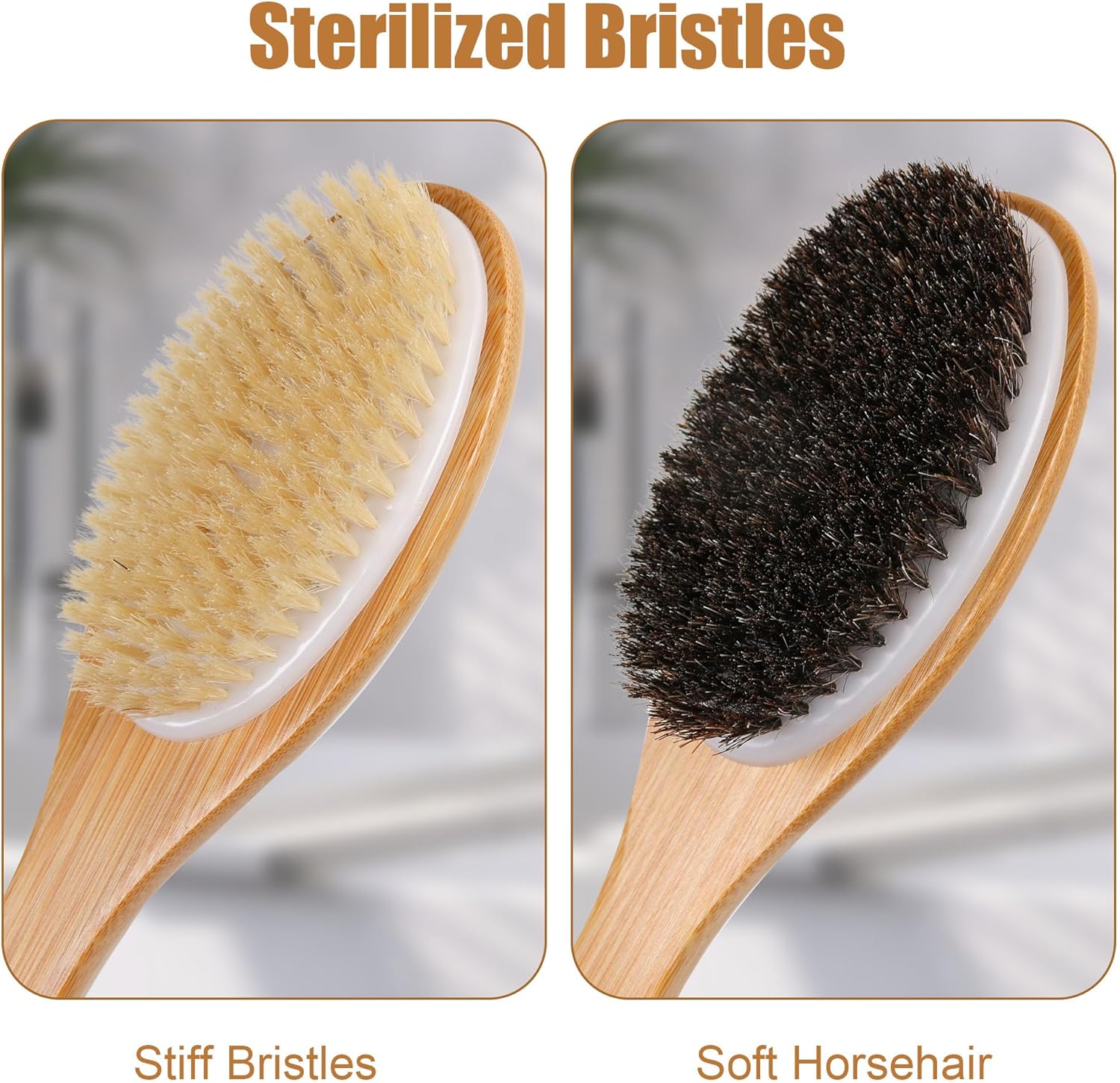 OWIIZI Cepillo de baño de crin de bambú, curvado, mango largo, antideslizante, cepillo corporal para exfoliación, limpiador de ducha de melena