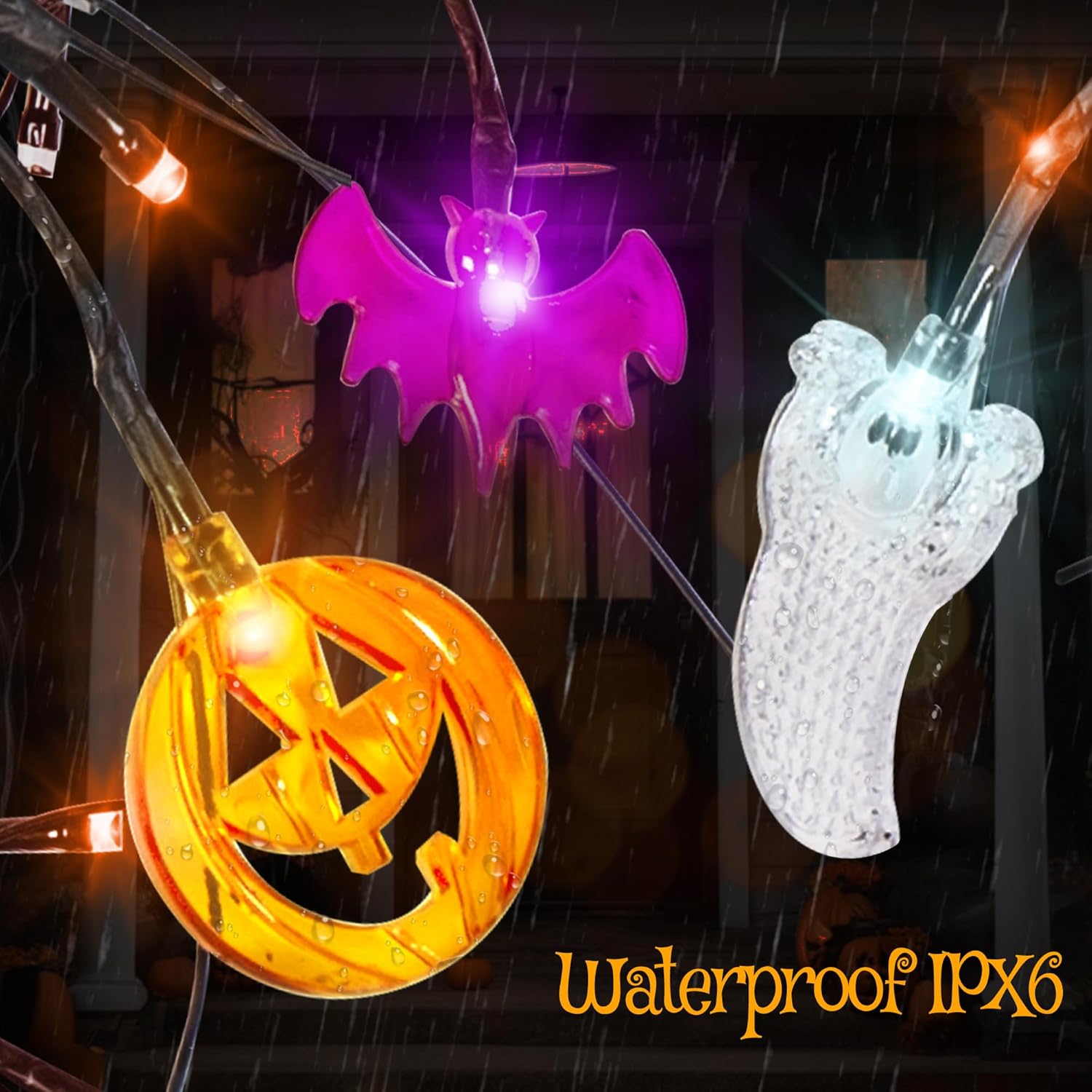 Luces de Halloween naranjas y moradas, guirnalda de Halloween de ramita de sauce de 6 pies, 54 LED con calabazas, murciélagos y luces fantasma, 8