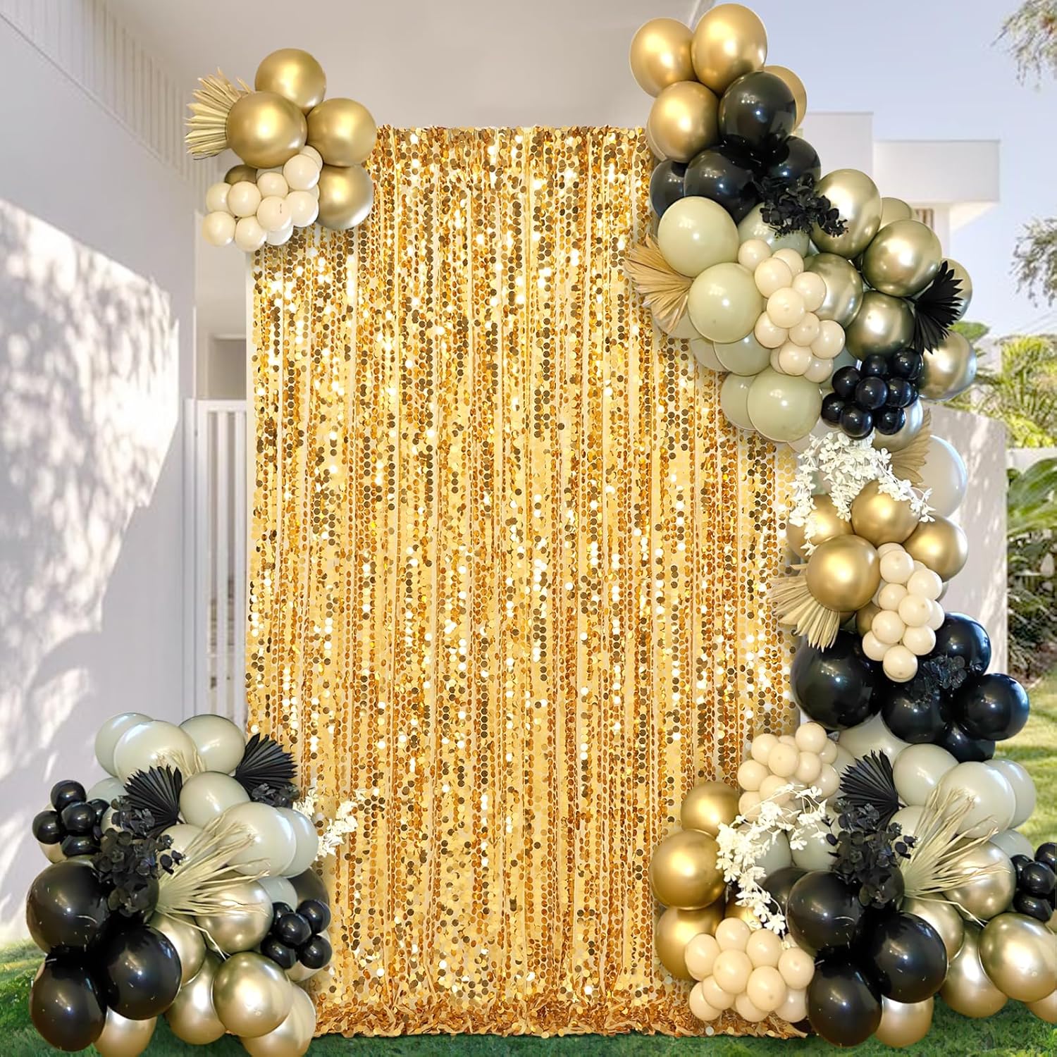 Telón de fondo de lentejuelas Big Payette de 4 x 8 pies, cortinas de tela con purpurina dorada para decoración de fiesta de cumpleaños, baby shower