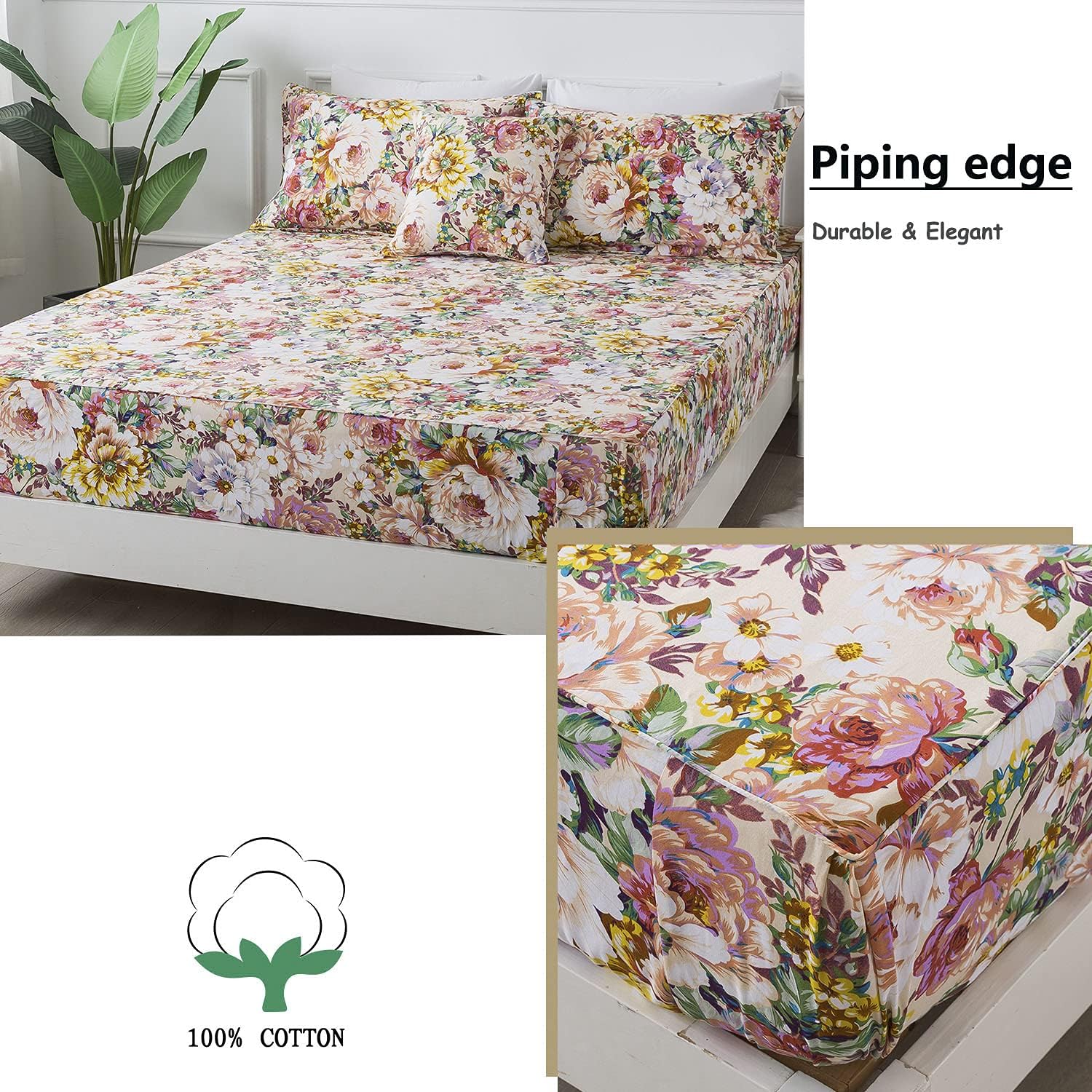 FADFAY Juego de sábanas vintage con diseño floral, tamaño matrimonial, 4 piezas, 100% algodón, suave, estilo francés, estilo rural, jardín, flores,