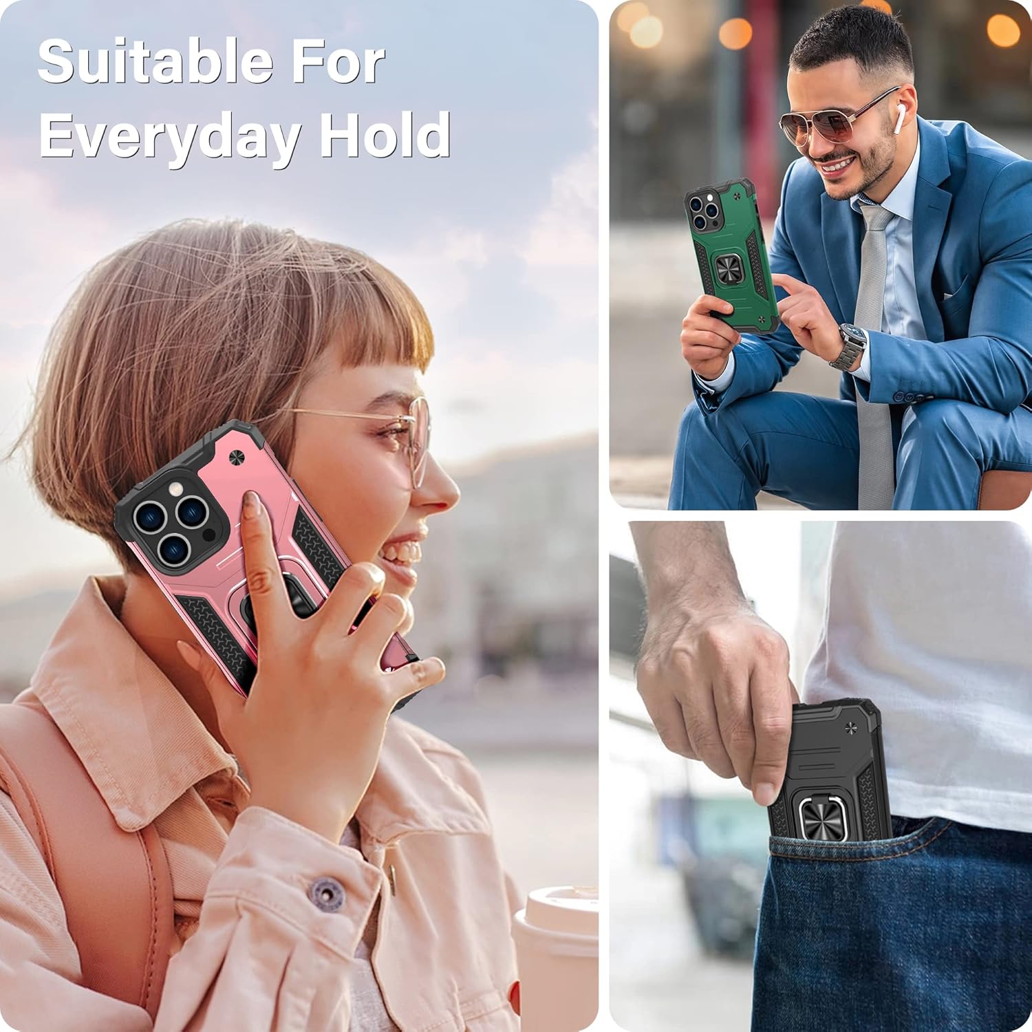 Vakoo Funda para iPhone 14 Pro de 6.1 pulgadas, resistente y duradera, bordes elevados que protegen la pantalla y la cámara, verde oscuro