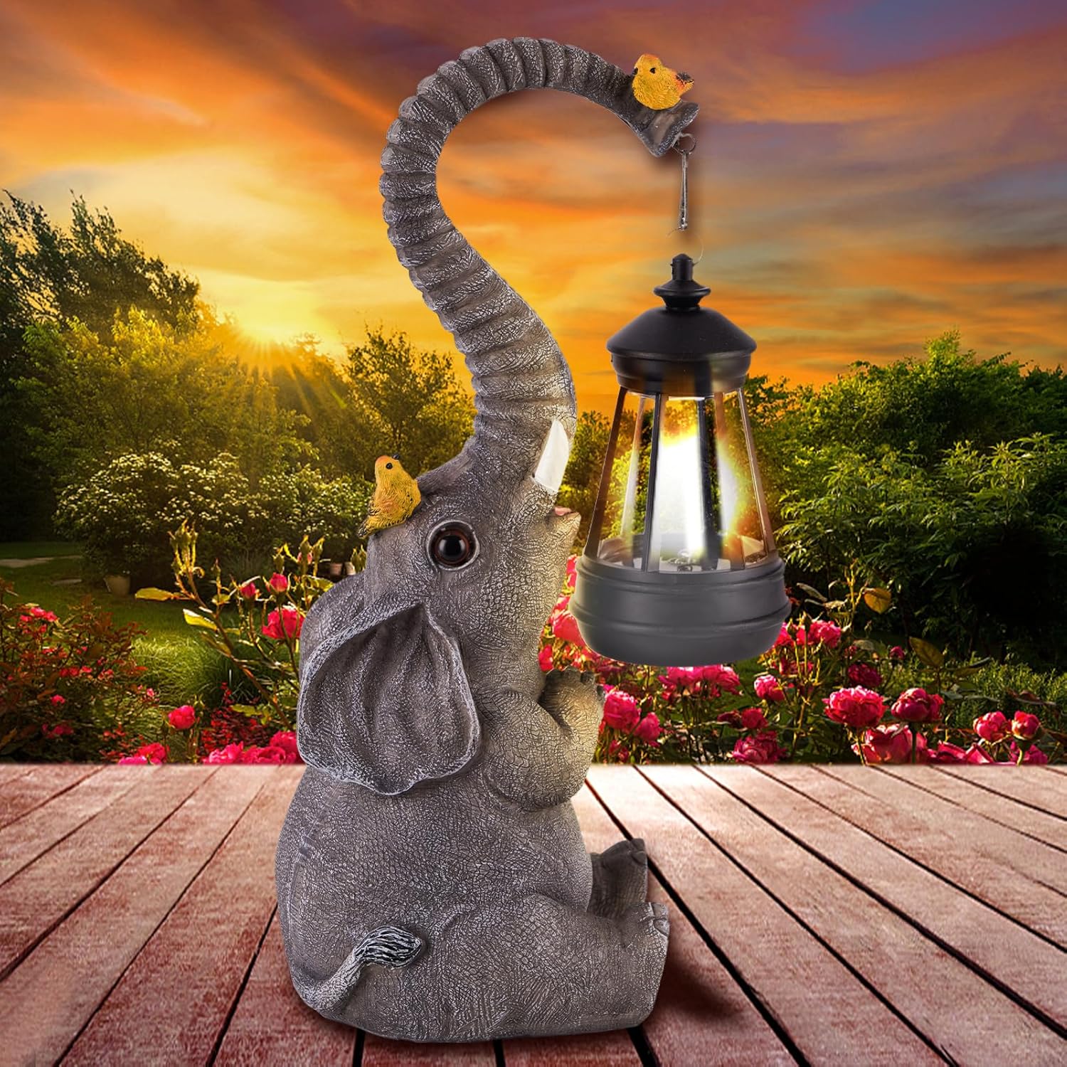 Luces solares de estatuas de jardín al aire libre, figuras de elefante con bonitos pájaros decoración de escultura de jardín, regalos de madre de