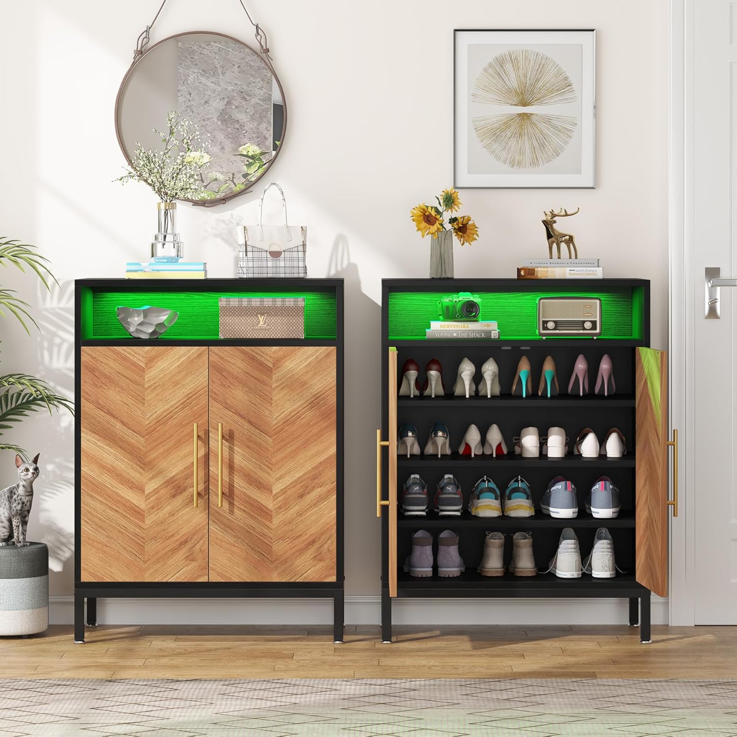 LITTLE TREE Armario de zapatos con puertas y luz LED, 16 pares de almacenamiento de zapatos de entrada, zapateros organizador de almacenamiento para