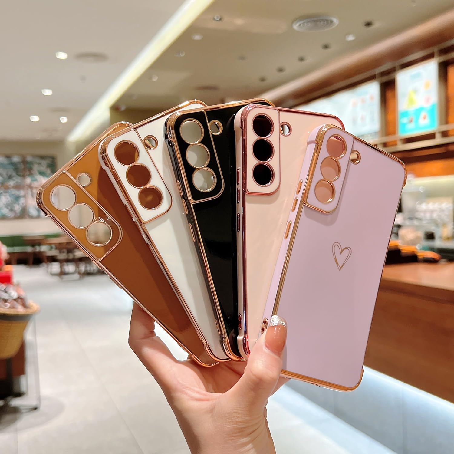 ZTOFERA Funda para Samsung Galaxy S21 5G, lindo borde chapado con patrón de corazones de amor con protección de lente de cámara, funda para Galaxy