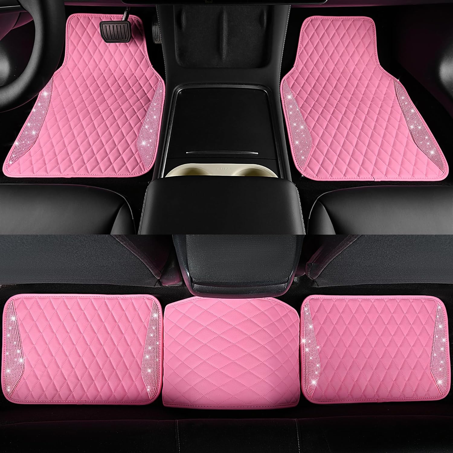 CAR PASS Tapetes de cuero brillantes para automóvil, con diamantes brillantes, con diamantes de imitación y purpurina brillante, antideslizante,