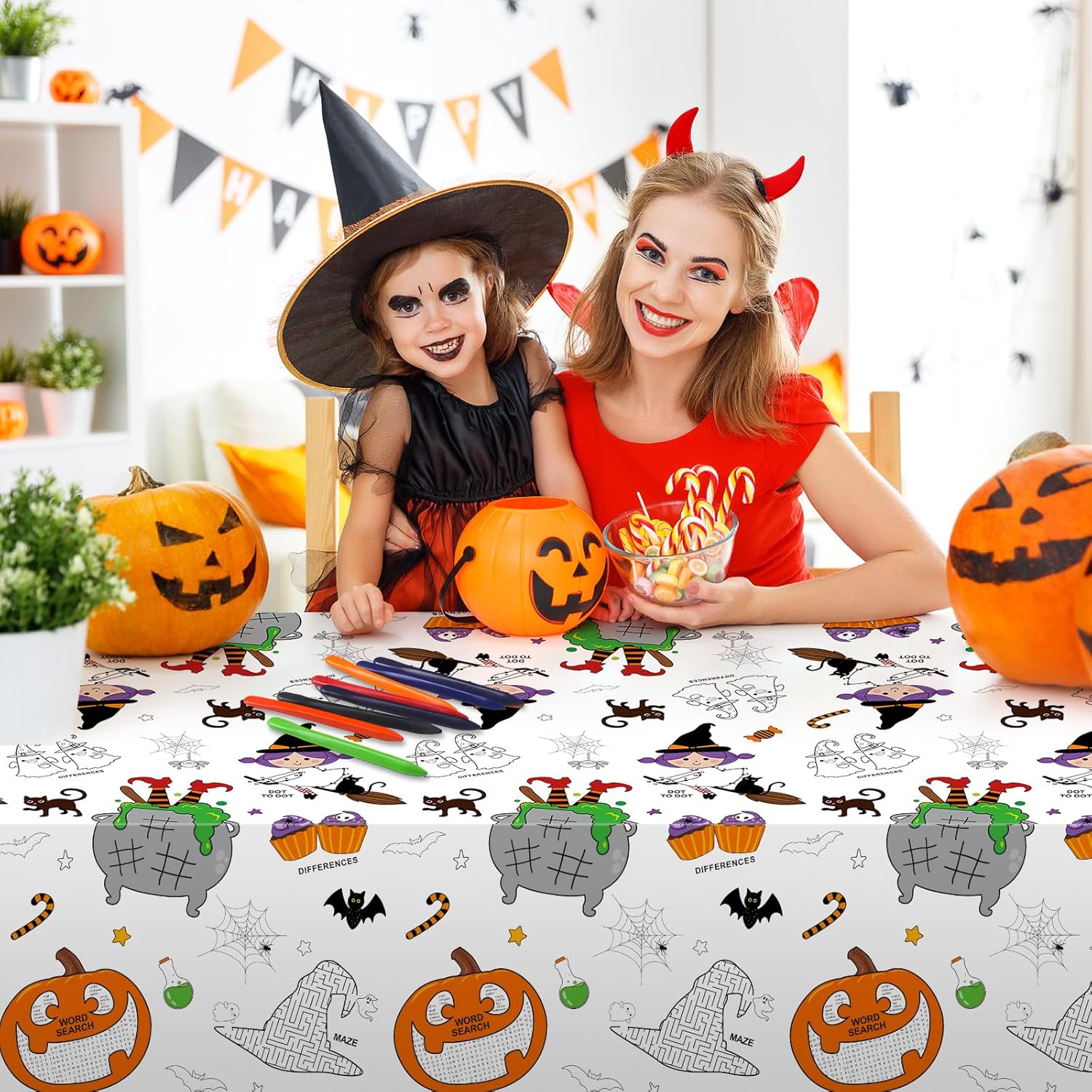 Faccito Mantel gigante de Halloween para colorear de 108 x 54 pulgadas, cubierta de mesa de papel de Halloween con 24 crayones de colores, póster