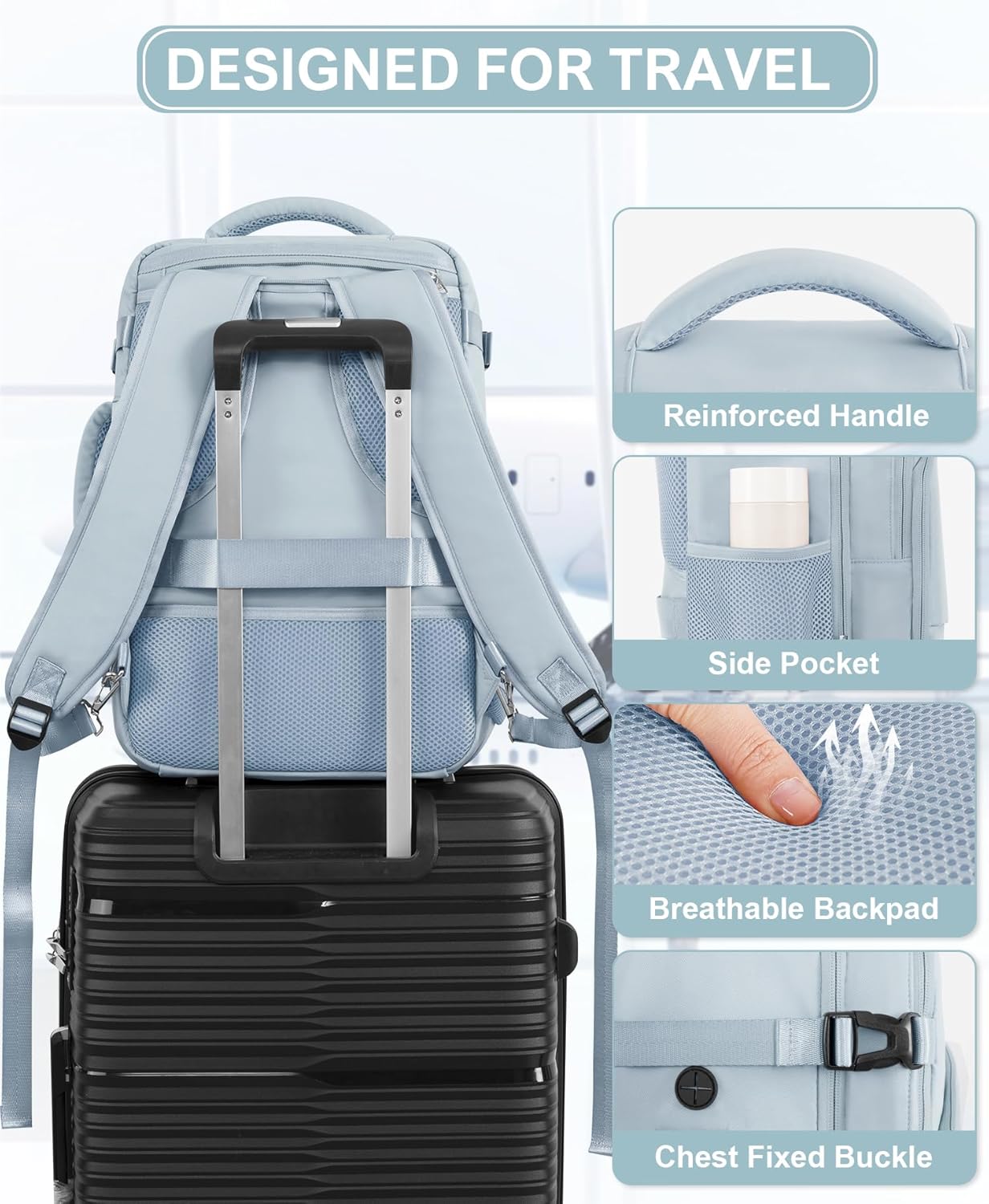 Mochila de viaje para hombres y mujeres, mochila de transporte aprobada por aerolíneas, mochila para portátil de 16 pulgadas, Azulclaro