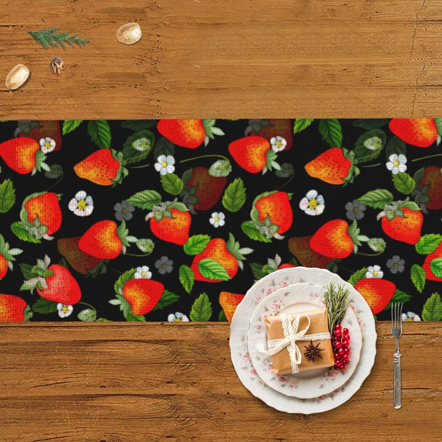 Camino de mesa de Navidad de fresas rojas, decoración de mesa de comedor, decoración de Navidad, decoración de interiores del hogar, caminos de mesa