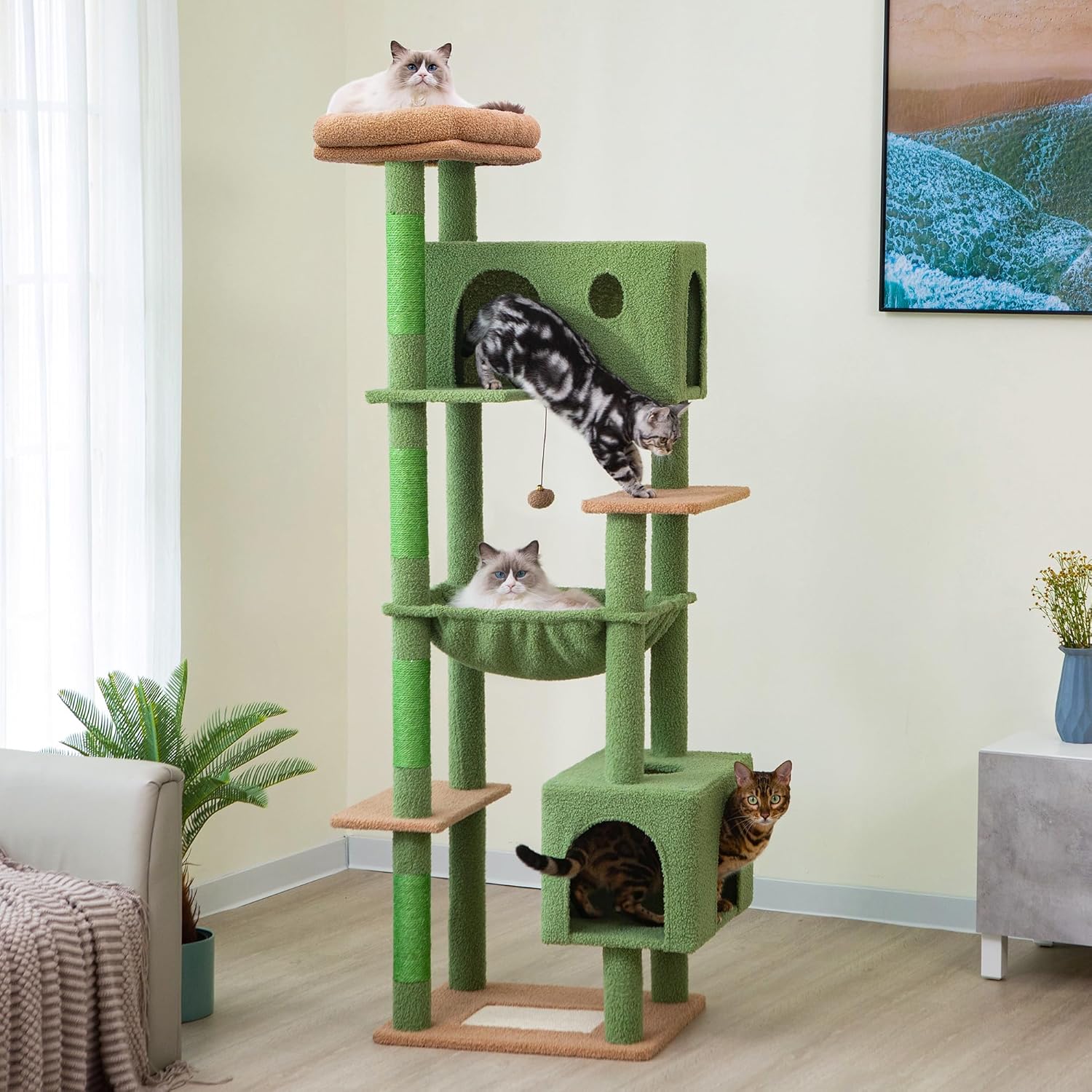 Meow Sir Árbol grande para gatos grandes de 70 pulgadas, torre para gatos multinivel con hamaca grande, condominio súper espacioso y postes anchos