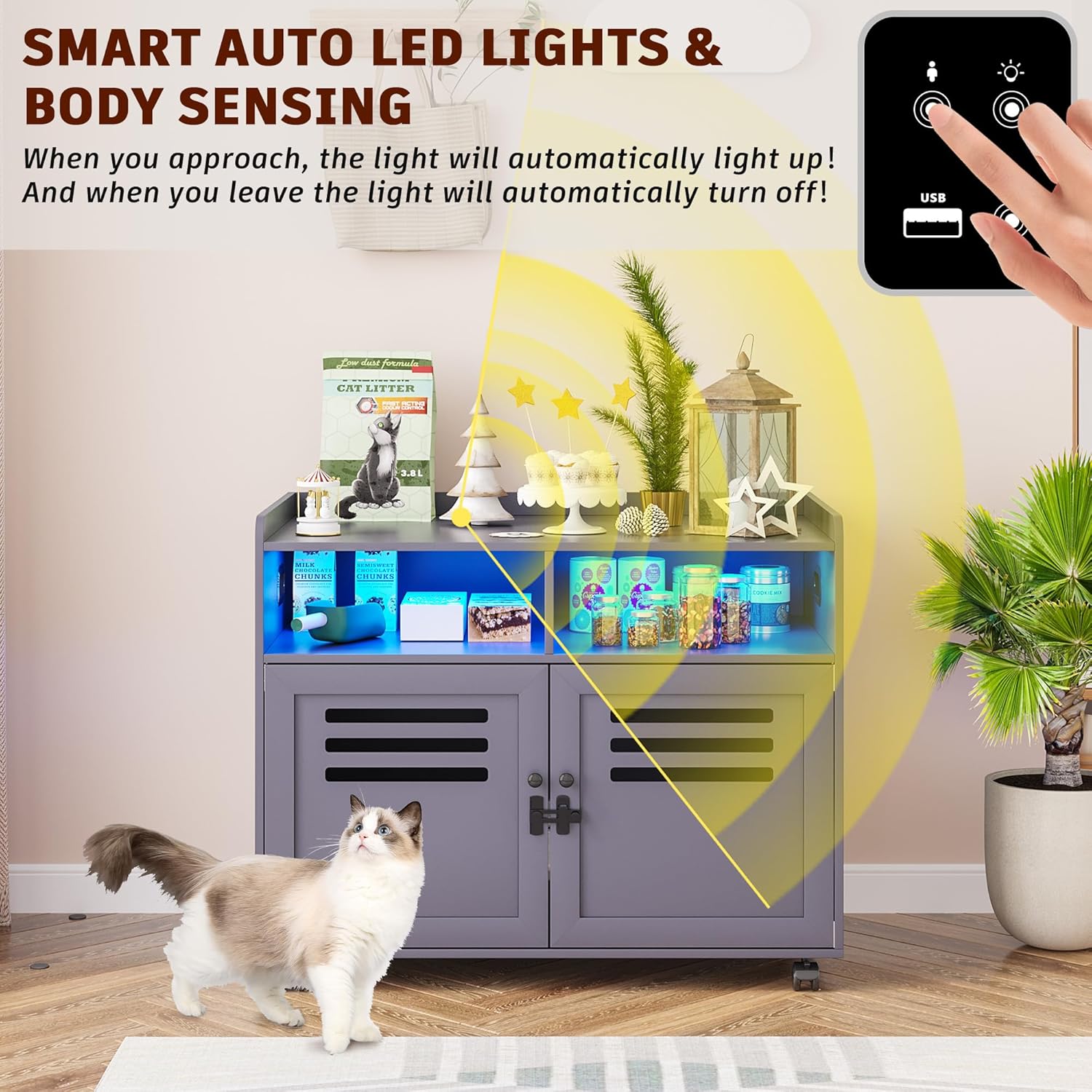 FOMNEY Caja de arena para gatos, mueble oculto con cuerpo humano, 3 luces LED de color, jaula para gatos con 2 cajones abiertos y 1 puerto USB, casa