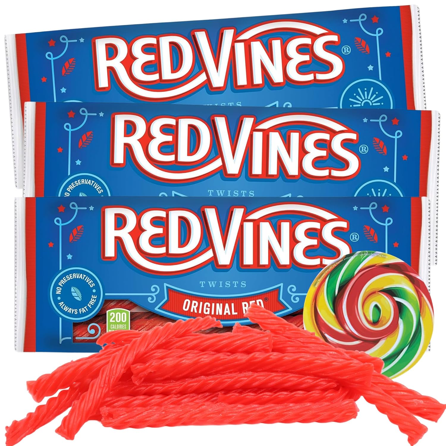 Giros de regaliz rojo, cuerdas de gomita con sabor a cereza masticable, aperitivos clásicos para fiesta de cumpleaños, 2 onzas (paquete de 3)