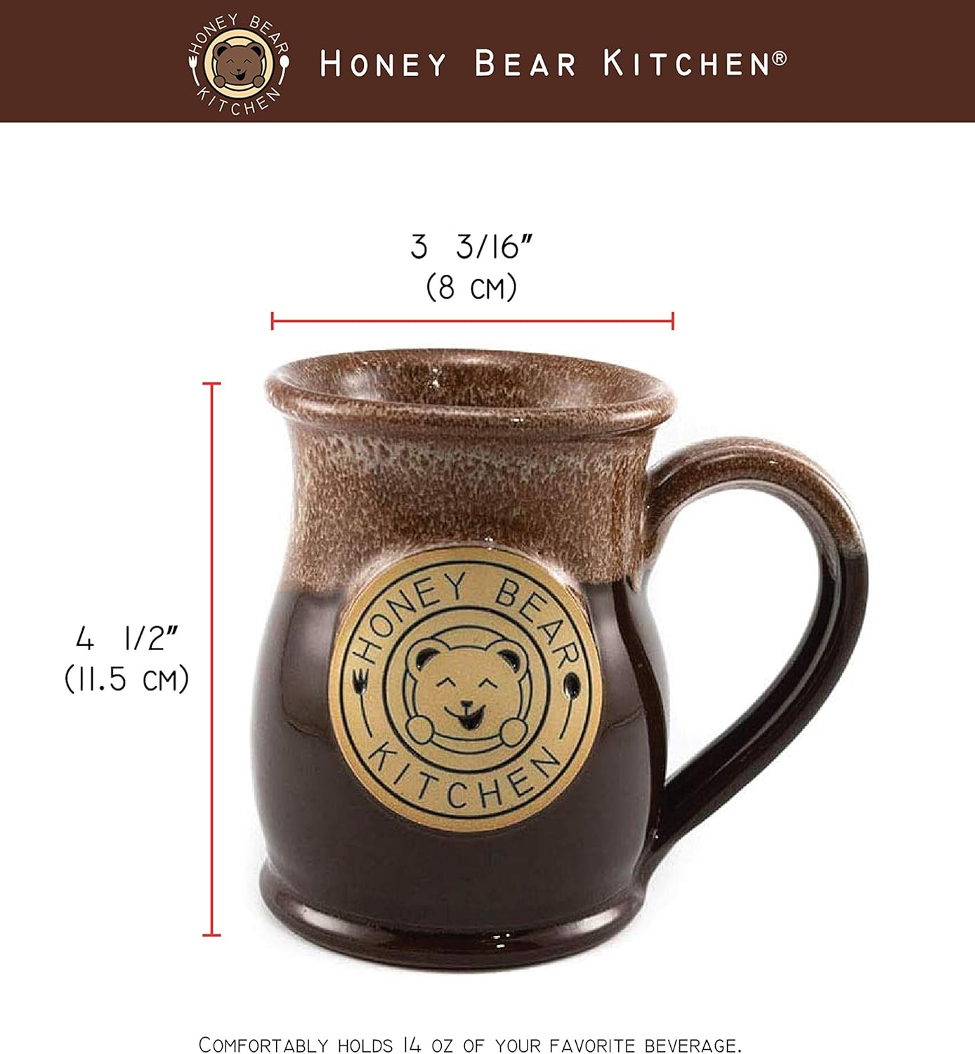HONEY BEAR KITCHEN Taza de cerámica hecha a mano con vientre alto (chocolate con esmalte de mármol blanco canela, 14 onzas)