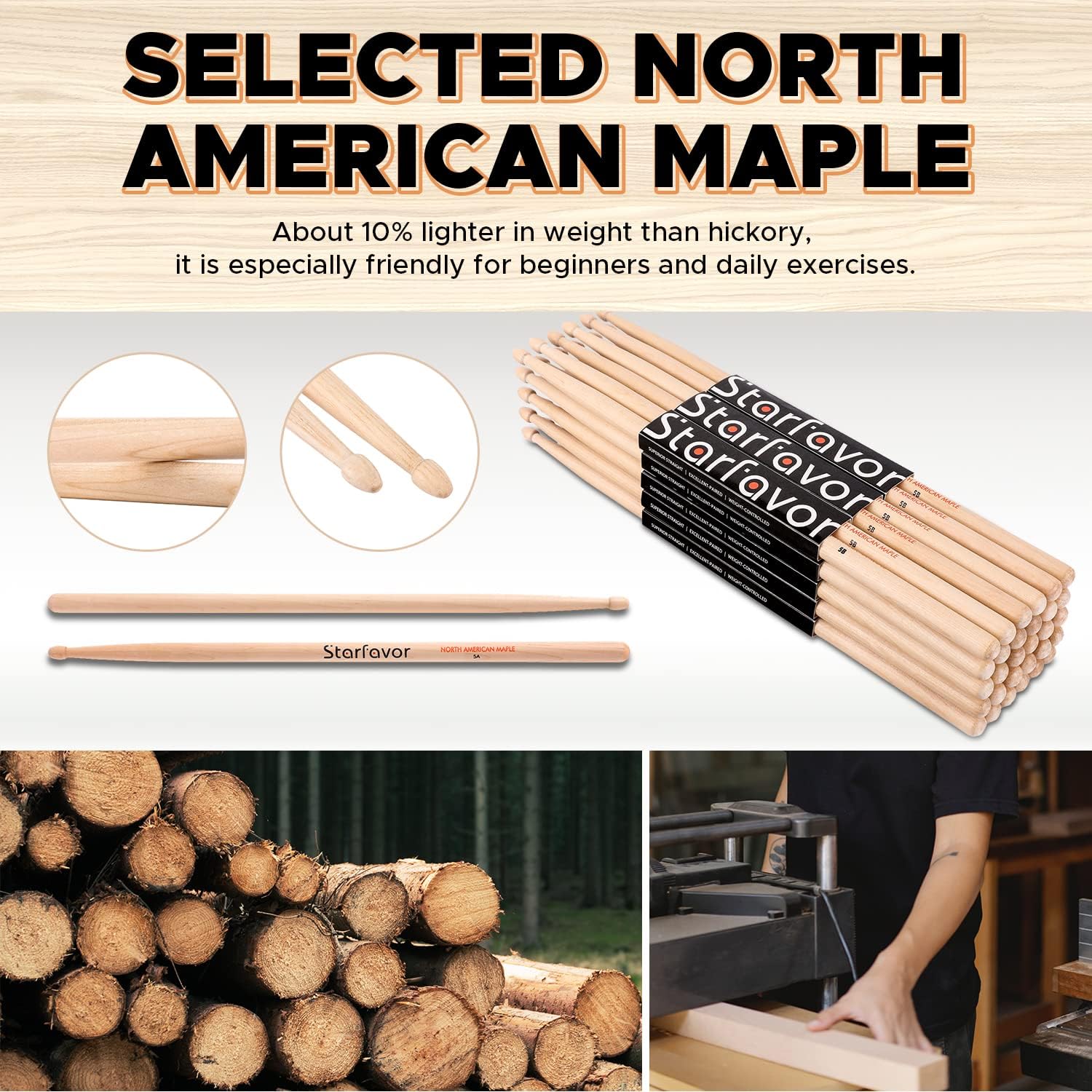 Starfavor 15 pares de baquetas 5B Classic America de madera de arce con punta de lágrima para adultos, niños y principiantes