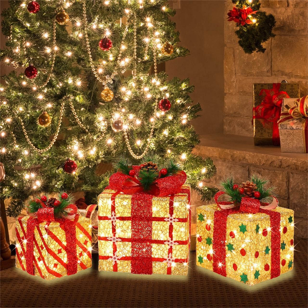 GLOWNOVA Juego de 3 cajas de regalo iluminadas grandes de 9.5 x 8 x 6.5 pulgadas, 70 luces LED superbrillantes con intermitentes, para interiores y