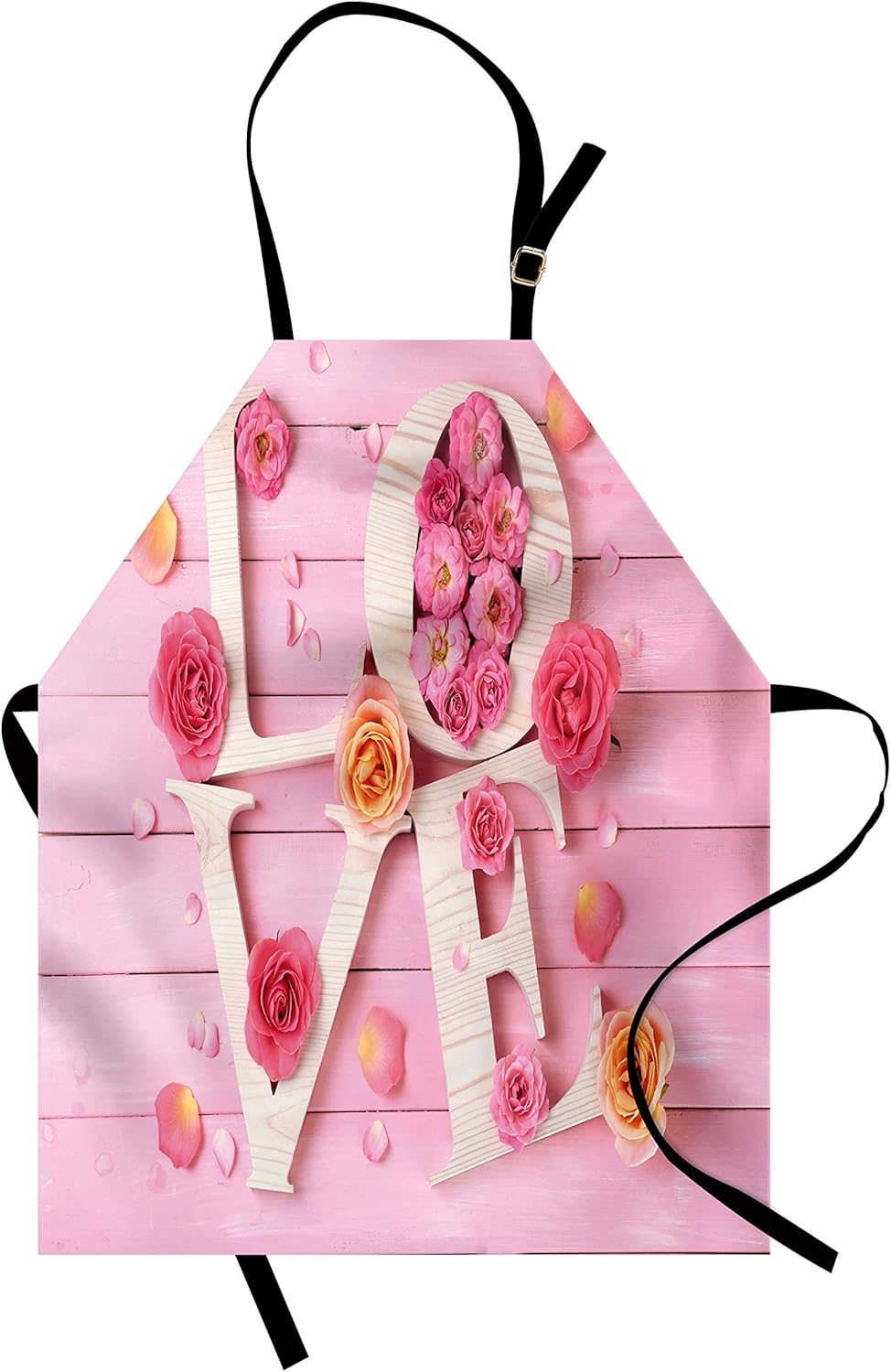 Lunarable Delantal rosa pálido, letras de amor de madera sobre fondo de madera rústica, temática floral romántica de San Valentín, babero de cocina