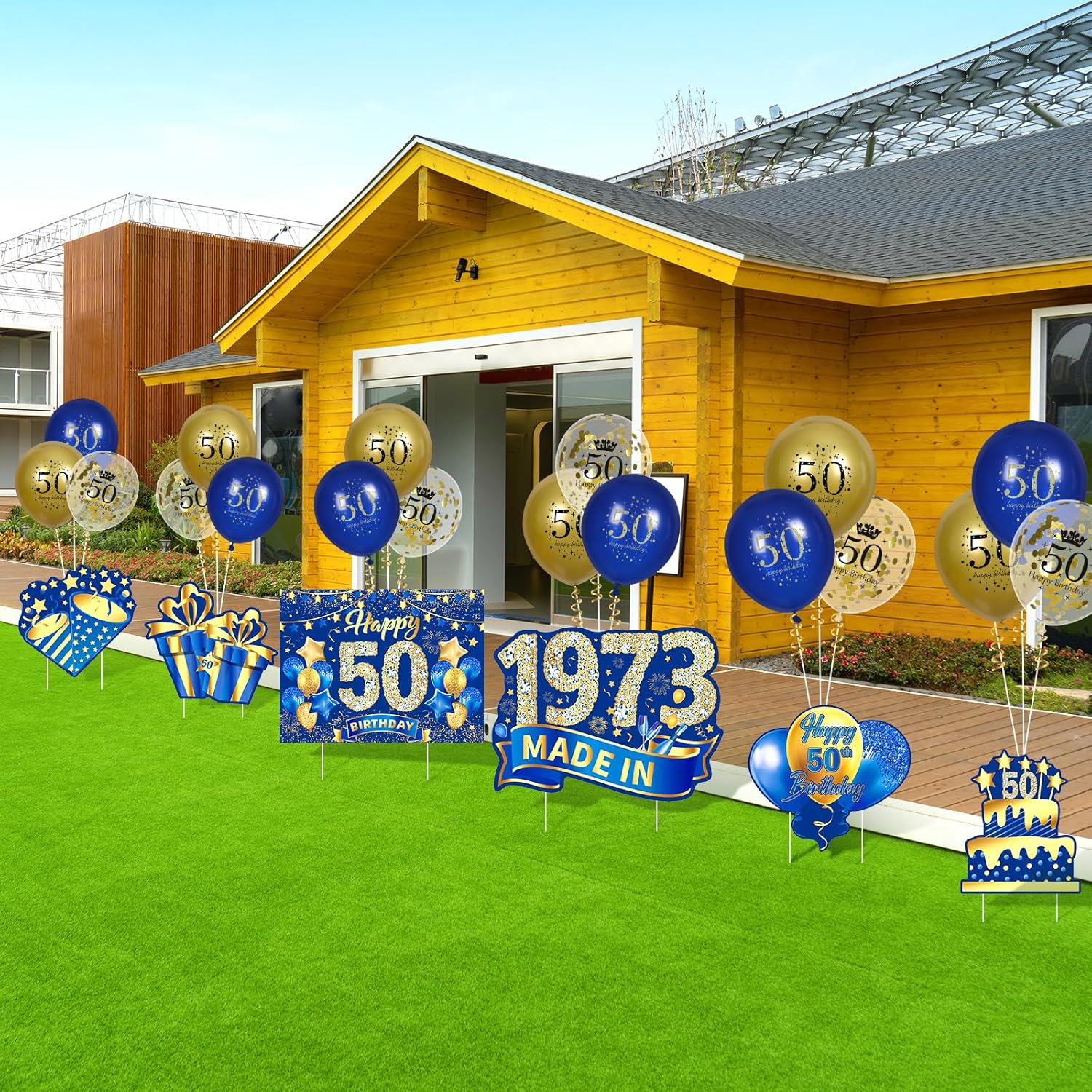 Decoraciones azules de cumpleaños 50 para hombres y mujeres, 6 piezas azul marino y dorado con estacas y 18 globos de 50 cumpleaños 1973 para fiesta