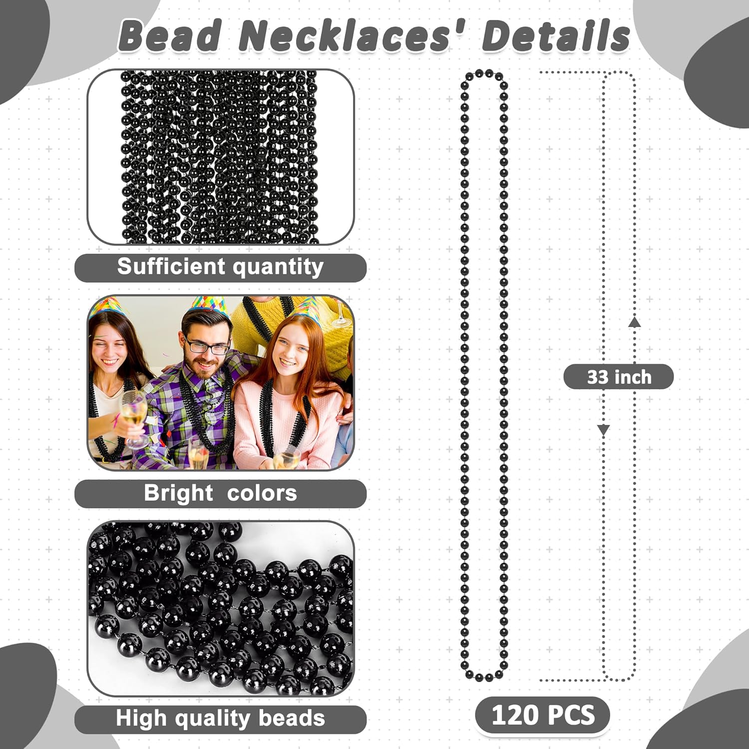 120 piezas de accesorios de Mardi Gras, collar de cuentas de 33 pulgadas, cuentas de Mardi Gras, collar de cuentas negras, cuentas a granel para