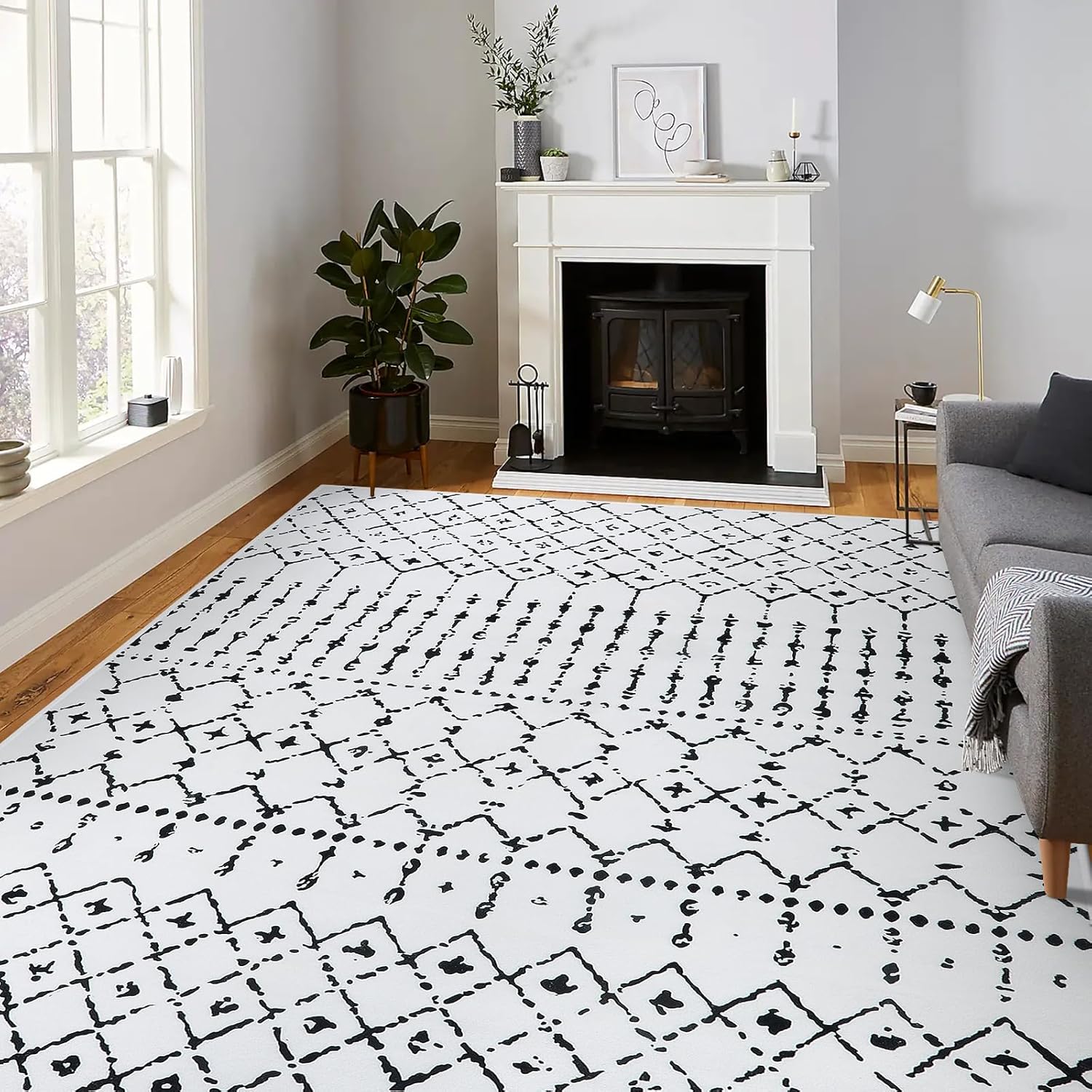 LIVEBOX Alfombra de área blanca y negra de 8 x 10 pies para sala de estar, alfombra bohemia lavable fina marroquí para dormitorio, alfombra