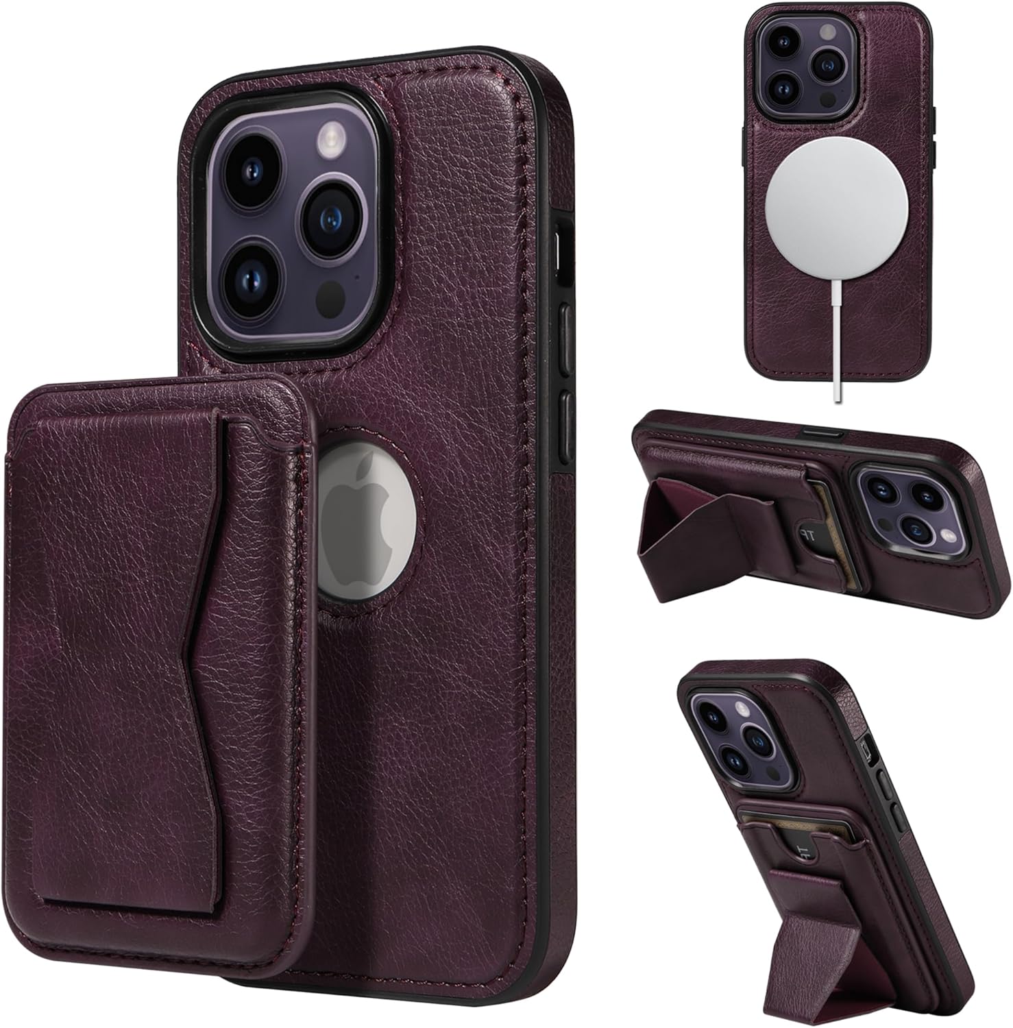 Compatible con MagSafe diseñada para iPhone 13 Pro Max, funda de piel magnética dividida para tarjetas de crédito (para iPhone 13 Pro Max, morado)