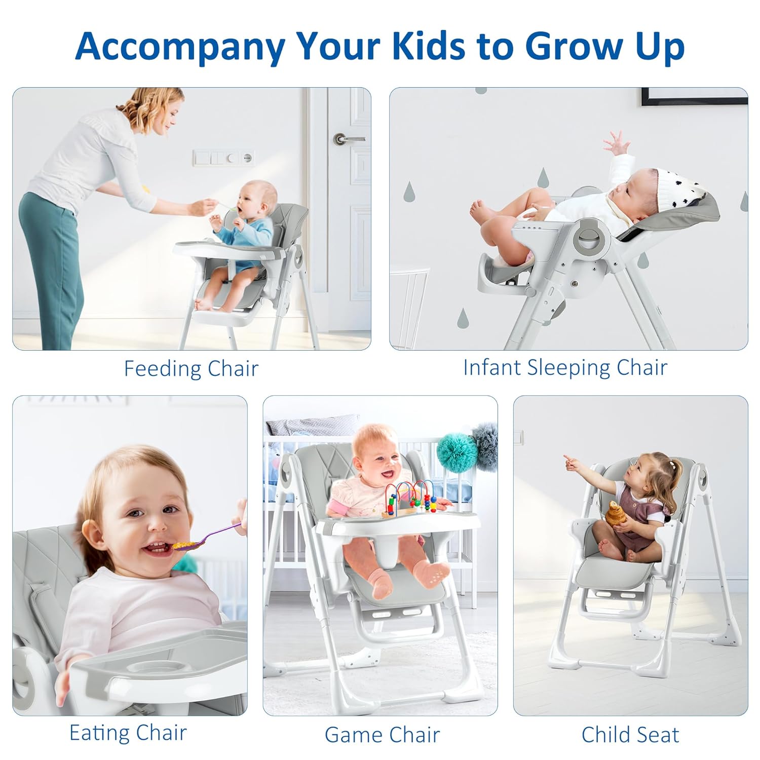 Babevy Sillas altas para bebé, multifuncionales para bebés con altura ajustable y reclinable, silla alta plegable para bebé con bandeja extraíble,
