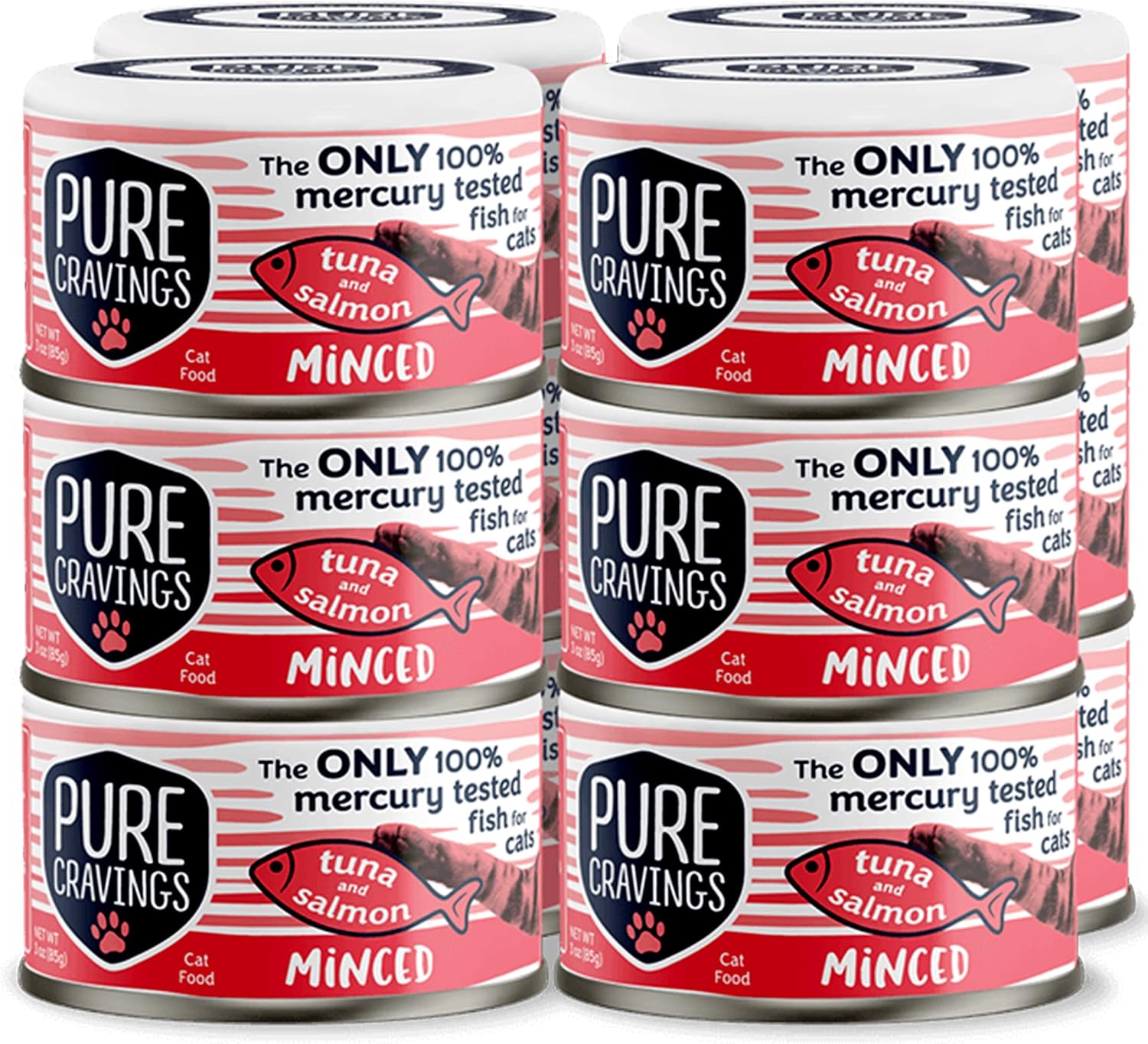 Alimento enlatado húmedo de atún y salmón picado para gatos, 100% probado con mercurio, lata húmeda para gatos, sin granos, proteínas, sin OMG, 3