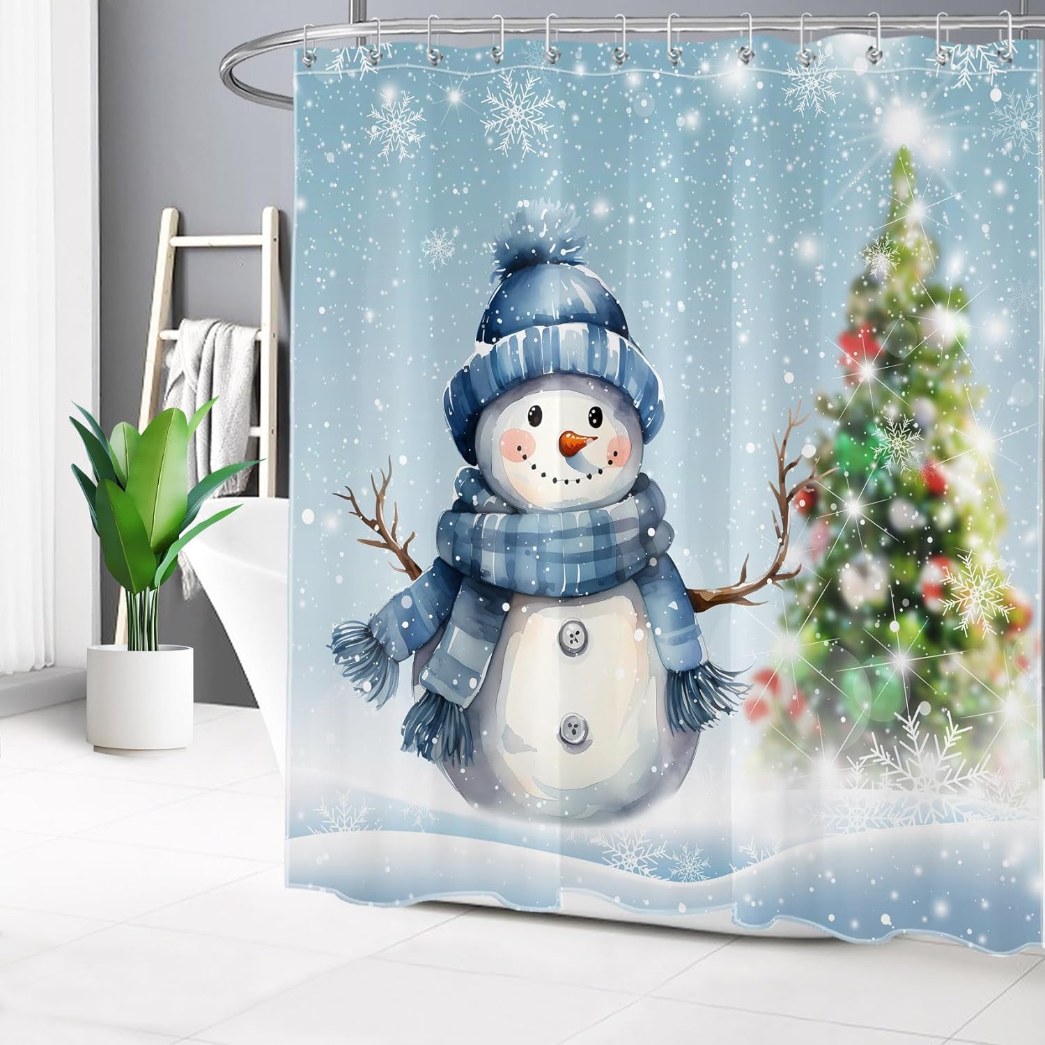 LB Blue Christmas Snowman Shower Curtain for Bathroom, Christmas Tree and Snowflake in Winter Snow Scene Fabric Shower Curtain with Hooks, New Year