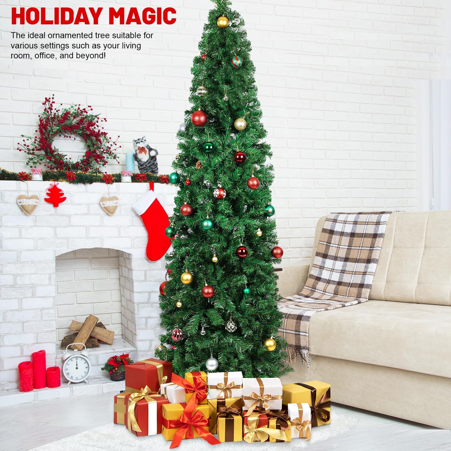 Árbol de Navidad de lápiz de 7.5 pies, árbol de abeto artificial delgado para espacios pequeños, ideal para decoración moderna y ambiente festivo