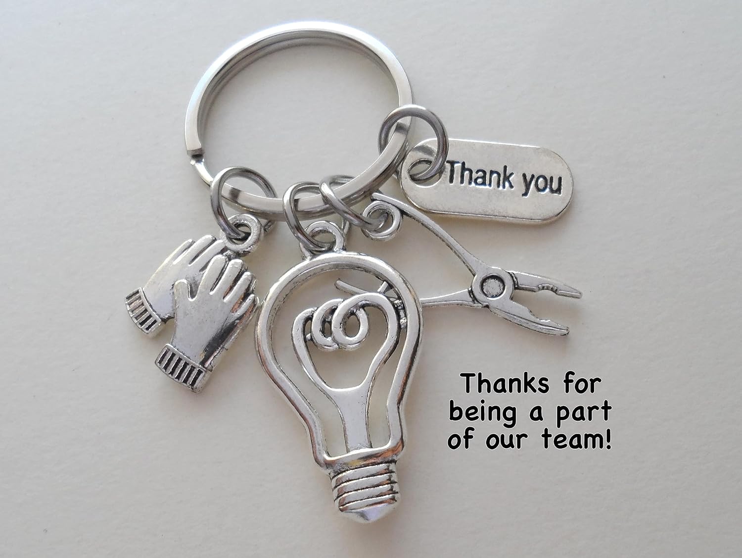 Electrician or Housekeeping Appreciation Keychain with Light Bulb, Pliers, Work Gloves & Thank You Charm, Employee Appreciation Keychain