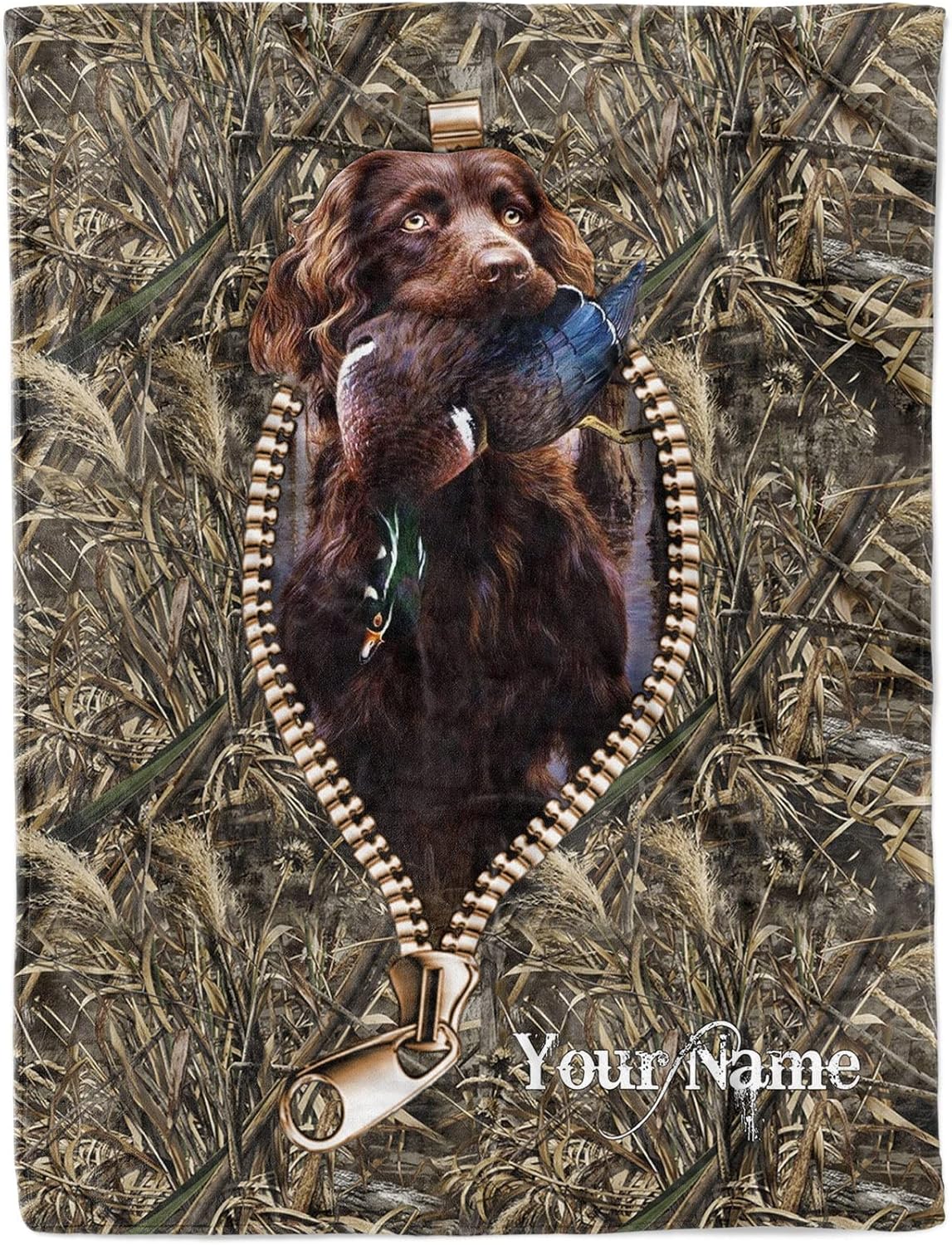 Mini Chic Boykin Spaniel – Manta con nombre personalizado de camuflaje para caza de aves acuáticas, regalo personalizado de caza de patos, regalo