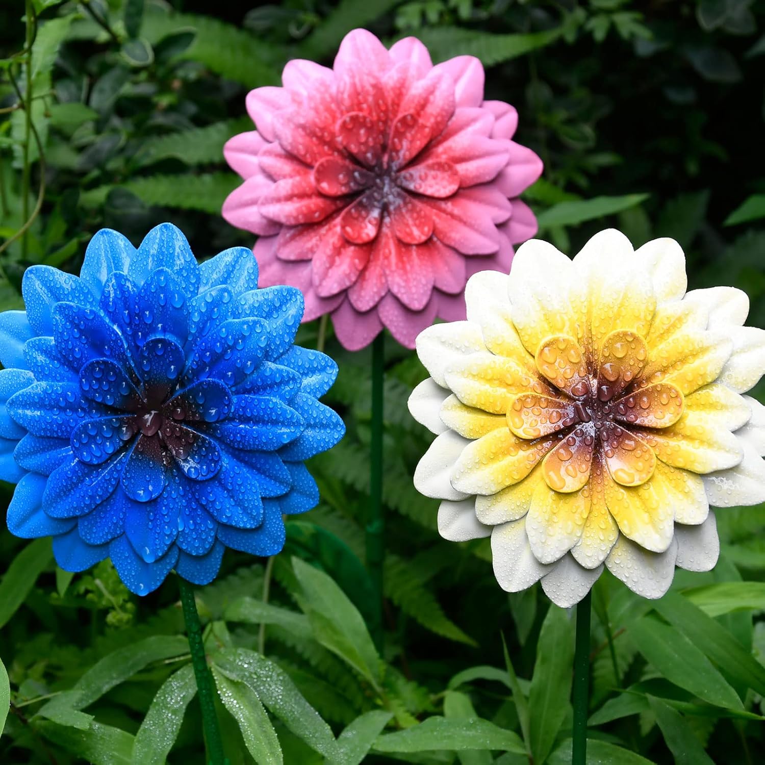 7 estacas de metal para jardín, flores de primavera de metal de 15 pulgadas, decoración al aire libre, decoración artística de patio, plantas de