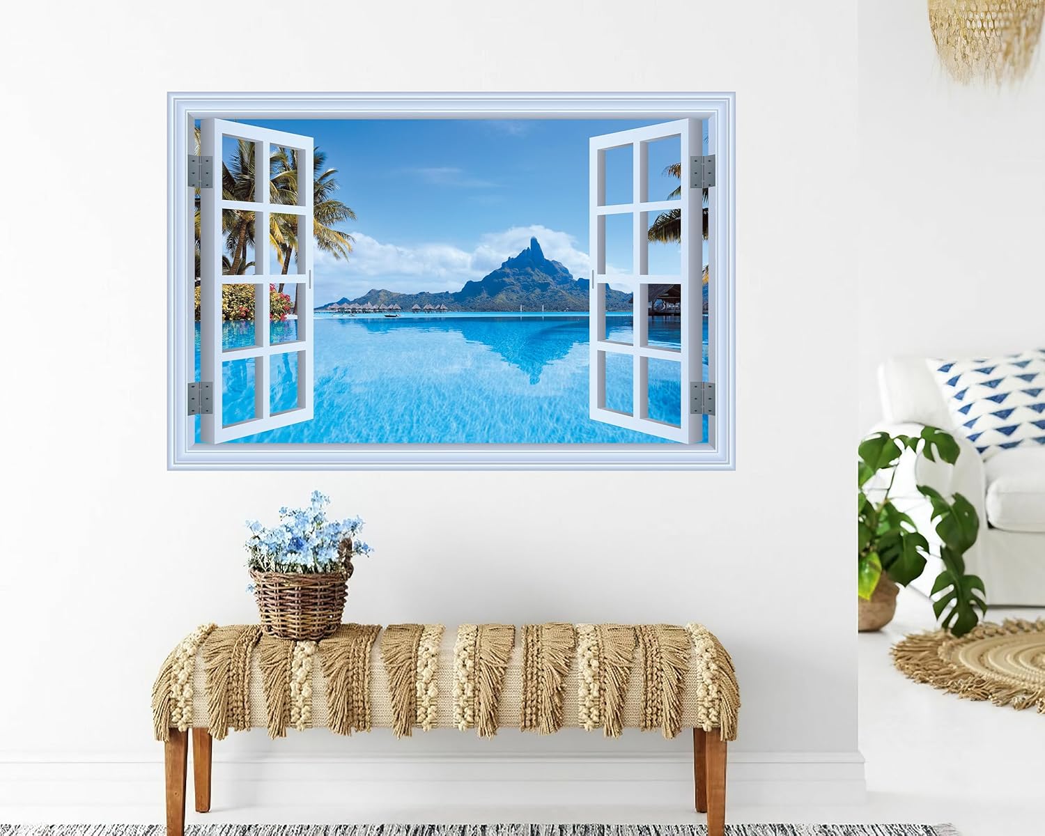 FLFK Mural de pared falso para ventana, calcomanía de pared de ventana sintética con vista al mar para decoración de pared, calcomanías de pared