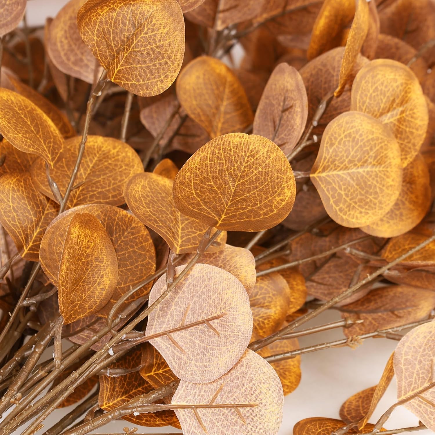8 piezas de hojas de eucalipto artificiales de otoño, ramas de eucalipto de seda naranja y plata, hojas de eucalipto de otoño, plantas de tallos
