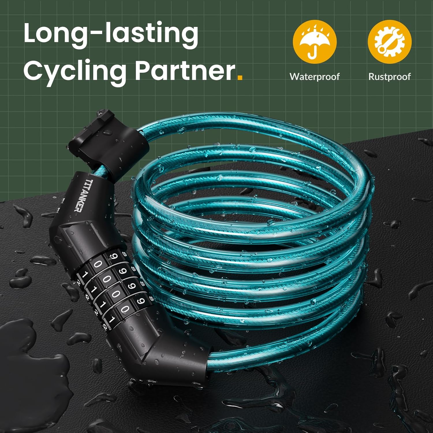 Titanker Cable de bloqueo de bicicleta, bloqueo de cable de bicicleta de 4 pies, bloqueo de cable básico autoenrollable para niños, combinación con