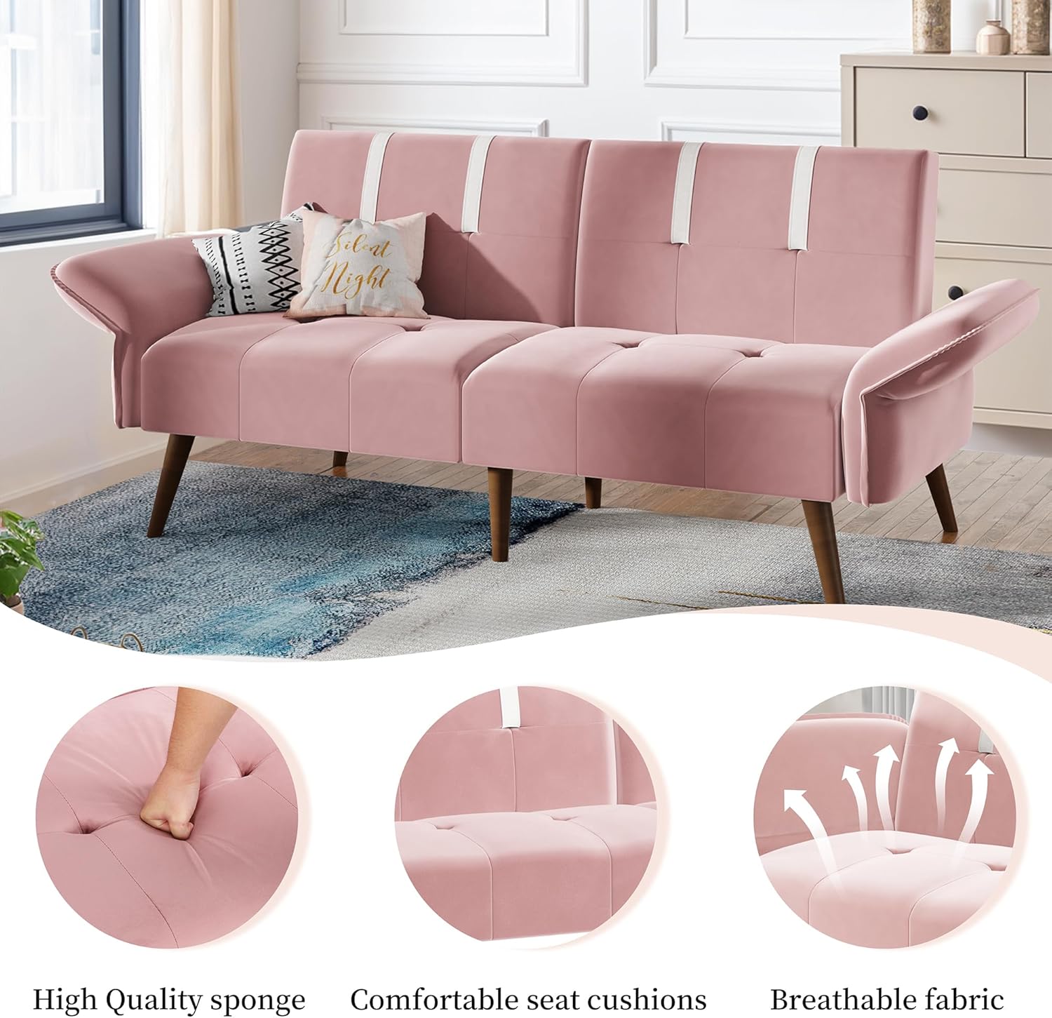 JAMFLY Sofá cama futón de terciopelo de 69 pulgadas, sofá cama convertible con reposabrazos y respaldo ajustables, moderno sofá biplaza para sala de