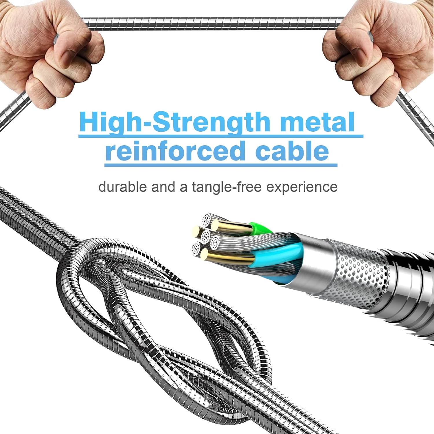Cable de carga trenzado de metal para iPhone con certificación MFi de Apple, 6.6 pies, resistente cable Lightning de acero inoxidable 304, cable