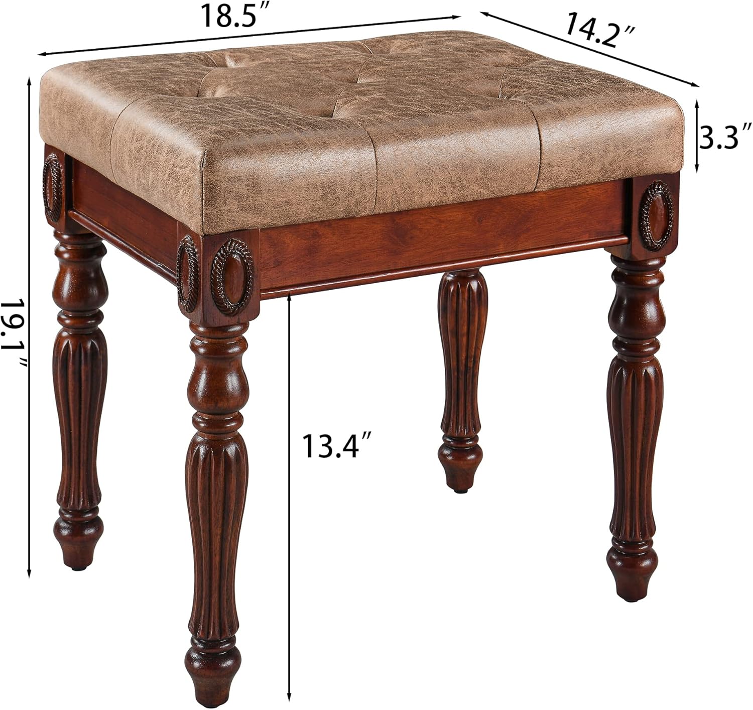 Banco de tocador tapizado de madera maciza, pequeño taburete otomano vintage de cuero copetudo, con asiento acolchado acolchado, reposapiés tallado,